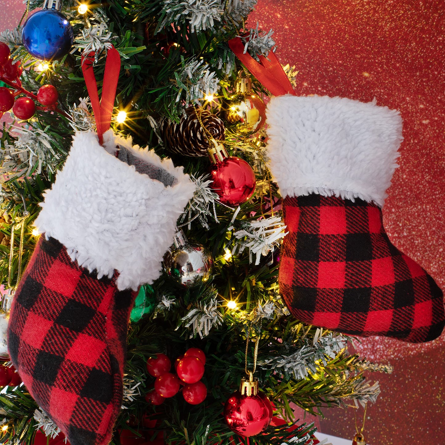 Joyfy 12 Pcs 5” Mini Christmas Stocking, Red Black Buffalo Plaid Stocking Rustic Fireplace Socks Traditional Stockings for Holiday Christmas Tree Decorations Party Favors