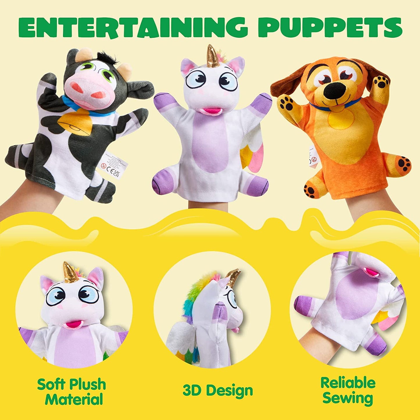 Toy Animal Friends Deluxe Hand Puppets 6 Pack for Imaginative Play, Stocking, Birthday Party Favor Supplies, Girls, Boys, Kids and Toddler