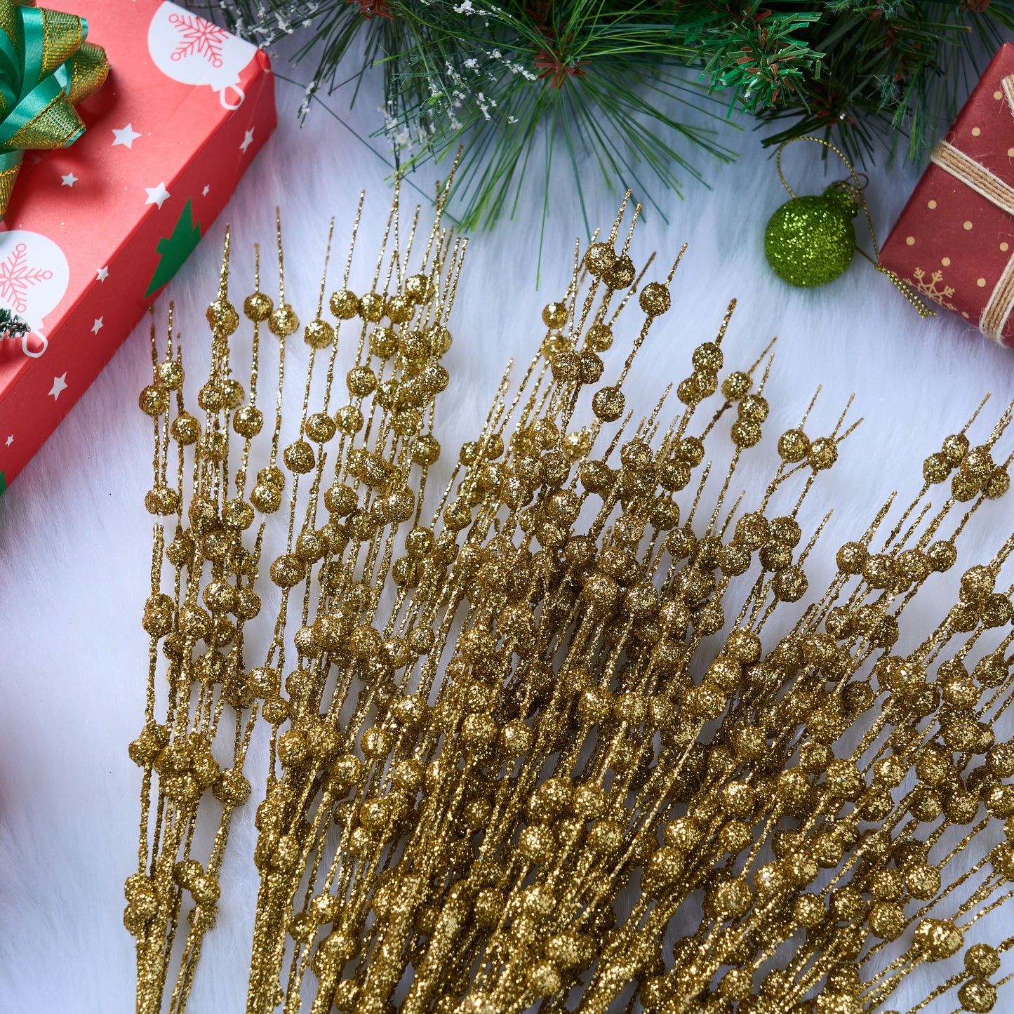 Joyfy 24 Pcs Christmas Tree Berry Stem, 20 Inches Decorative Bead Sticks, Glittery Twigs, Picks, Branches for Christmas Tree, Small Vase, Holiday, Wedding, Party (Gold)