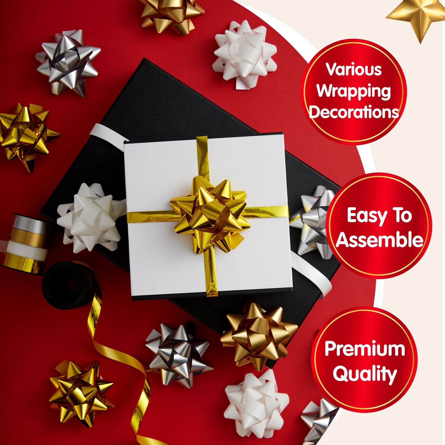 SYNCFUN 83 Pcs Christmas Gift Bows & Gift Ribbons, 75pcs 3" Christmas Self Adhesive Gift Bows (Gold, Silver, White) and 8 Rolls of Christmas Curling Ribbons for Baskets, Wine Bottles, Gift Wrapping