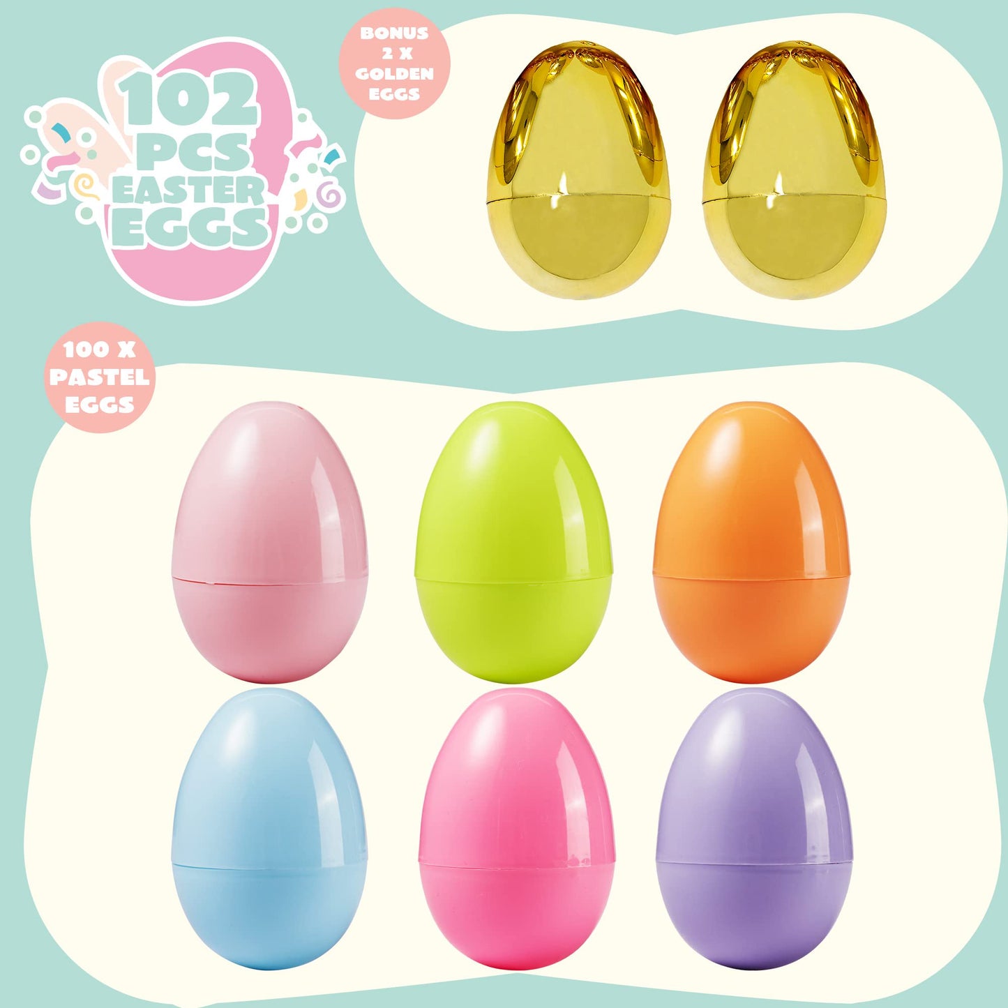 JOYFY 100 Pieces 3.15 Inch Pastel Easter Eggs + 2 Gold Eggs, Empty Easter Eggs Fillable, Colorful Plastic Eggs in Bulk for Easter Hunting