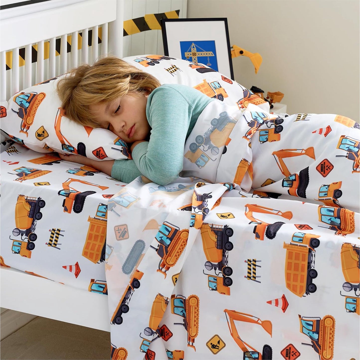 Joyfy Construction Vehicle Bed Sheet Set for Kids, Twin 3-Piece Soft Microfiber Sheets with Deep Pocket, Wrinkle & Fade Resistant Toddler Bedding for Boys