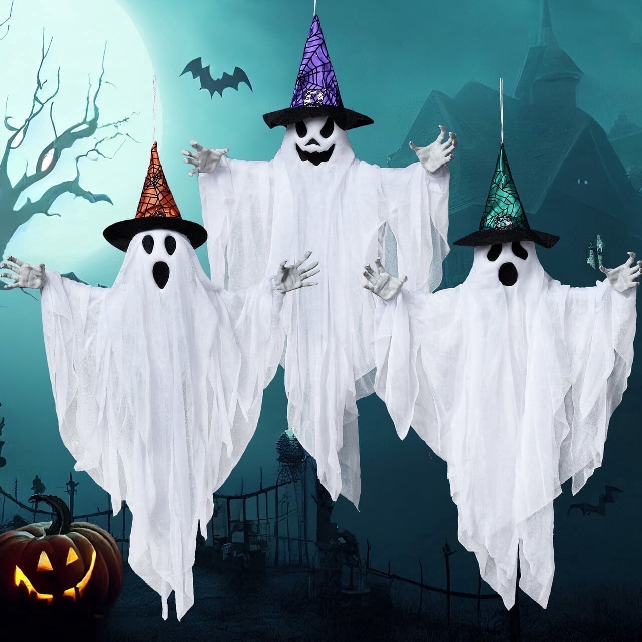 Joyfy 3 Packs Hanging Ghost Halloween Decorations Outdoor,24.8 White Flying Ghosts with Hats Outdoor Hanging Halloween Decorations Yard Decorations