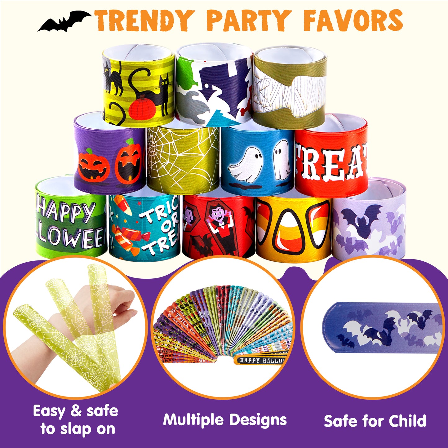 SYNCFUN 72 Pcs Halloween Slap Bracelets for Kids,Halloween Toys Bulk with Spider,Pumpkins,Animal Print for Prizes Gift Trick or Treat Party Favors,Halloween Crafts for Kids,Classroom Favors