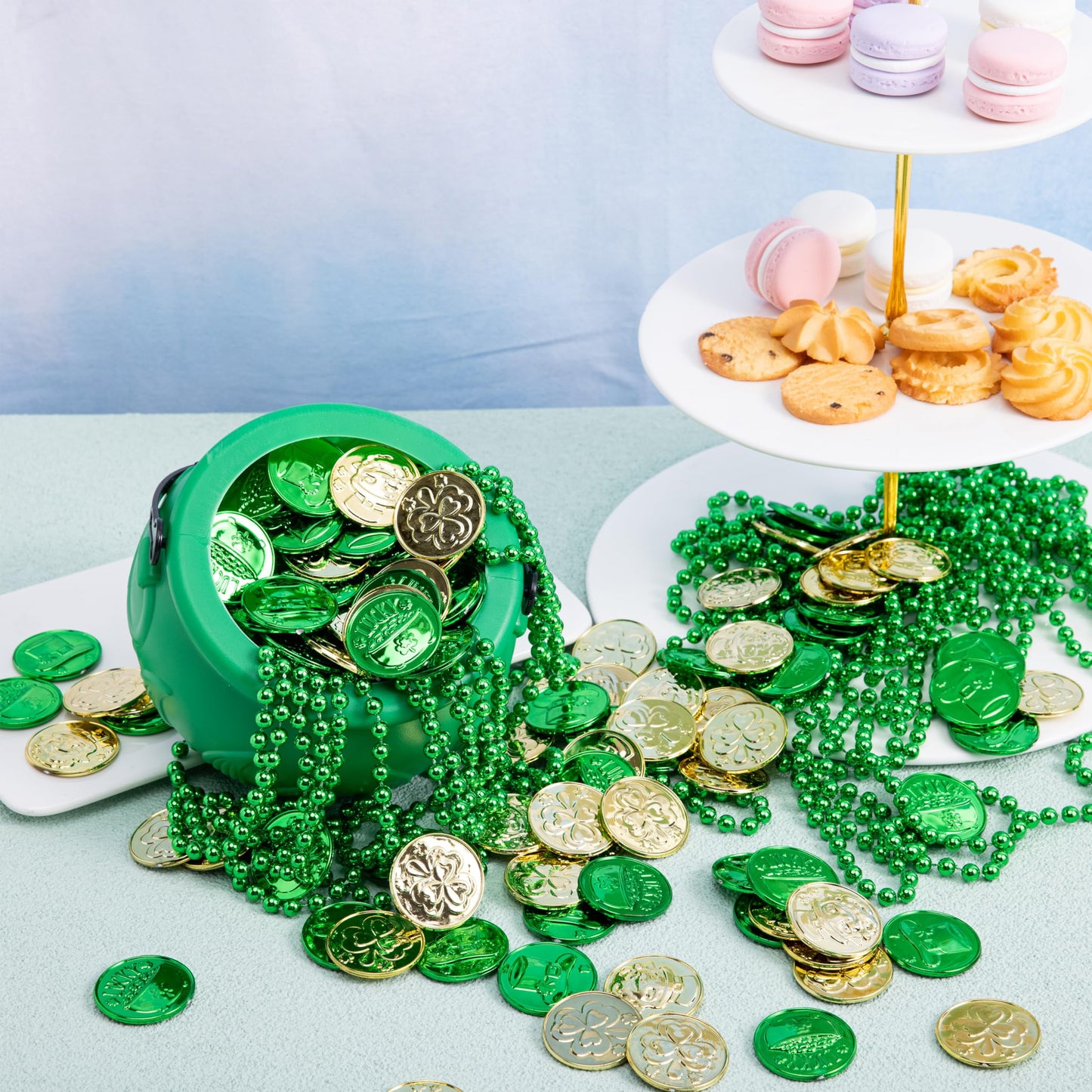 208 St. Patrick's Day Lucky Fairy Plastic Coins and 1 Large Green Pot with Handle St. Patrick's Gold Pot Party Supplies