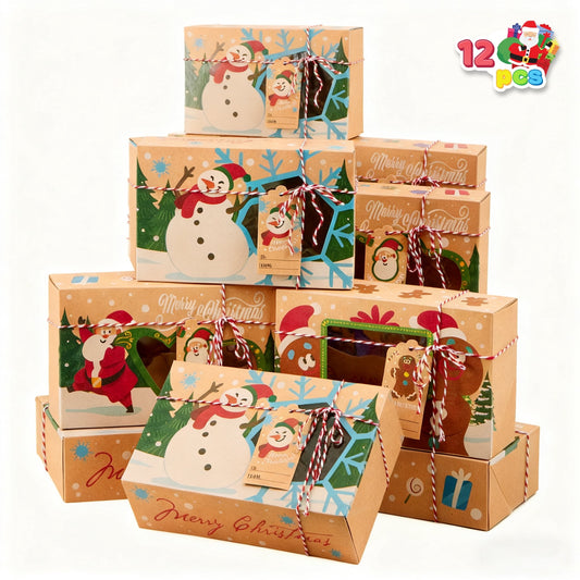 Joyfy 12 Pcs Christmas Cookie Boxes Bakery Treat Gift Box with Window 8.75" x 5.75" x 2.75" for Pastries, Cupcakes, Cookies, Brownies, Donuts Gift Giving