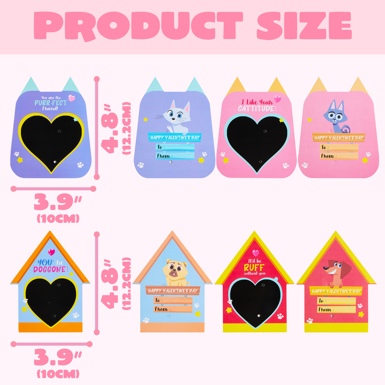 16 Pack Valentines Day Card with Dog and Cat Figure Toys for Valentine Kids Party Favor, Classroom Exchange Prizes, Valentine’s Greeting Cards