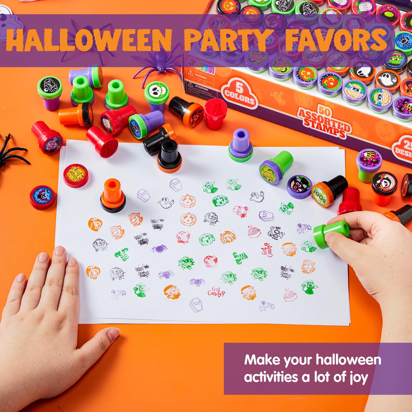 JOYIN 50 Pieces Halloween Assorted Stamps Kids Self Ink Stamps,25 Designs Plastic Stamps,Trick Or Treat Stamps,Spooky Stamps for Halloween Party Gifts,Game Prizes,Halloween Goodies Bags