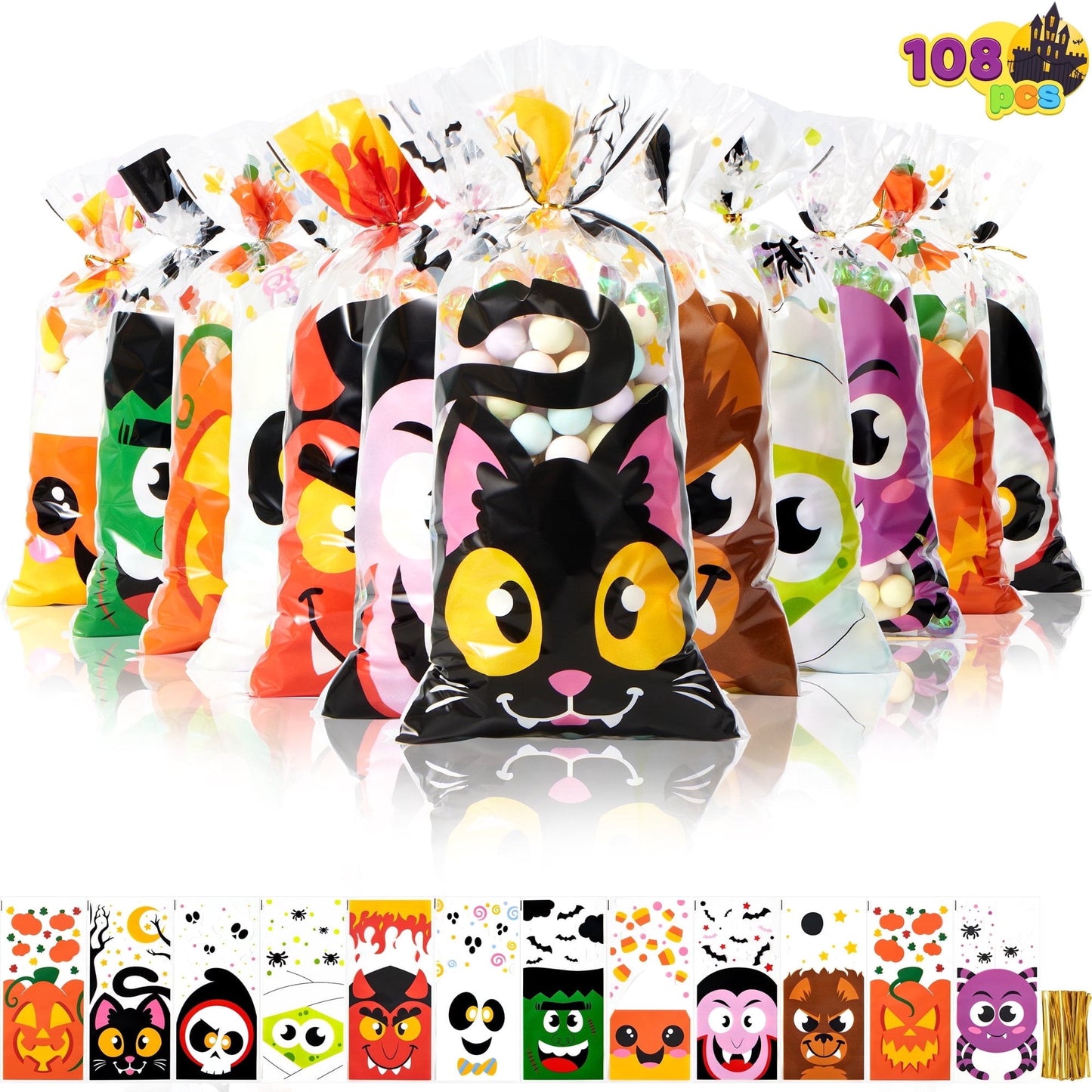 Joyfy 108 Pcs Halloween Treat Bags Cellophane Bags with Twist Ties,Goodie Bags for Snack Cookie Candy,Halloween Gift Trick or Treat Bags,Halloween Party Supplies