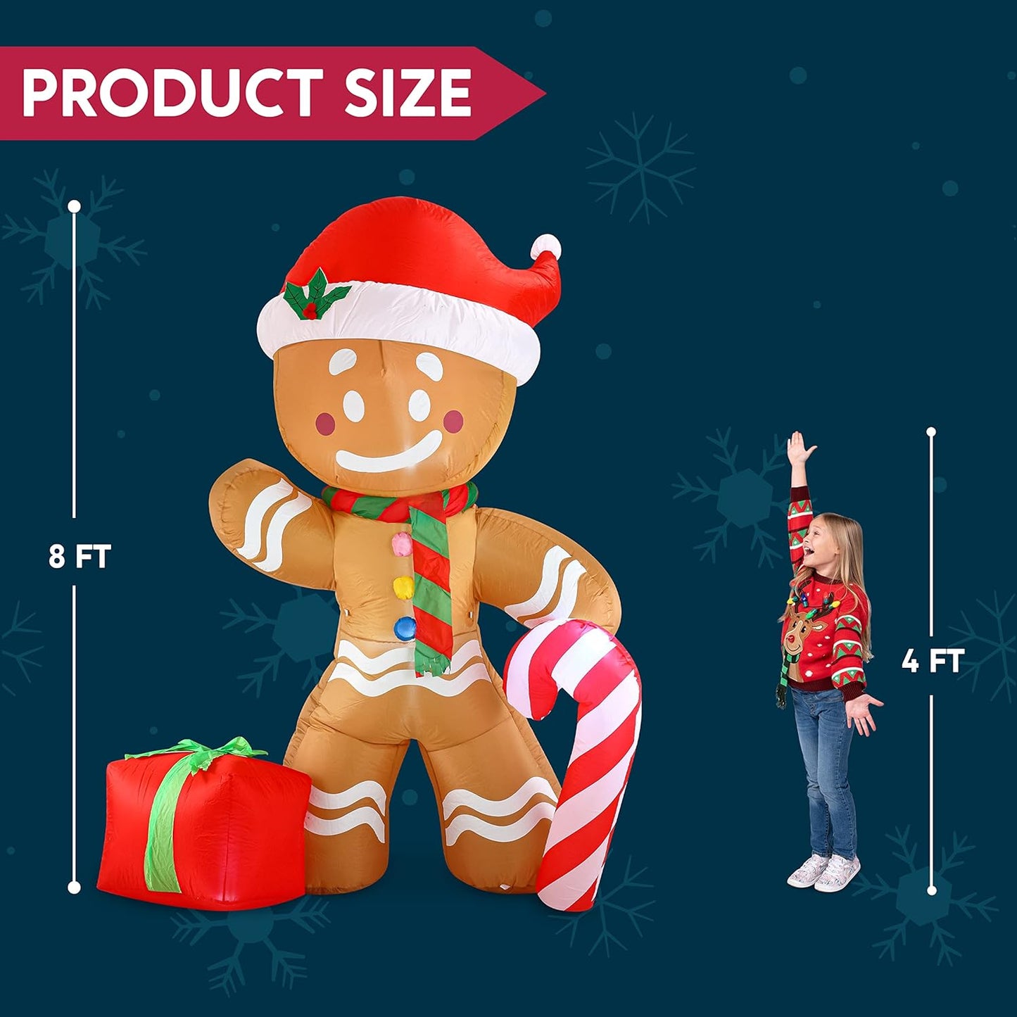 Joyfy 8 FT Christmas Inflatables Gingerbread Man Outdoor Decorations,Gingerbread Man with Candy Cane Blow Ups Yard with Built-in LEDs for Holiday Party Garden Lawn Decor