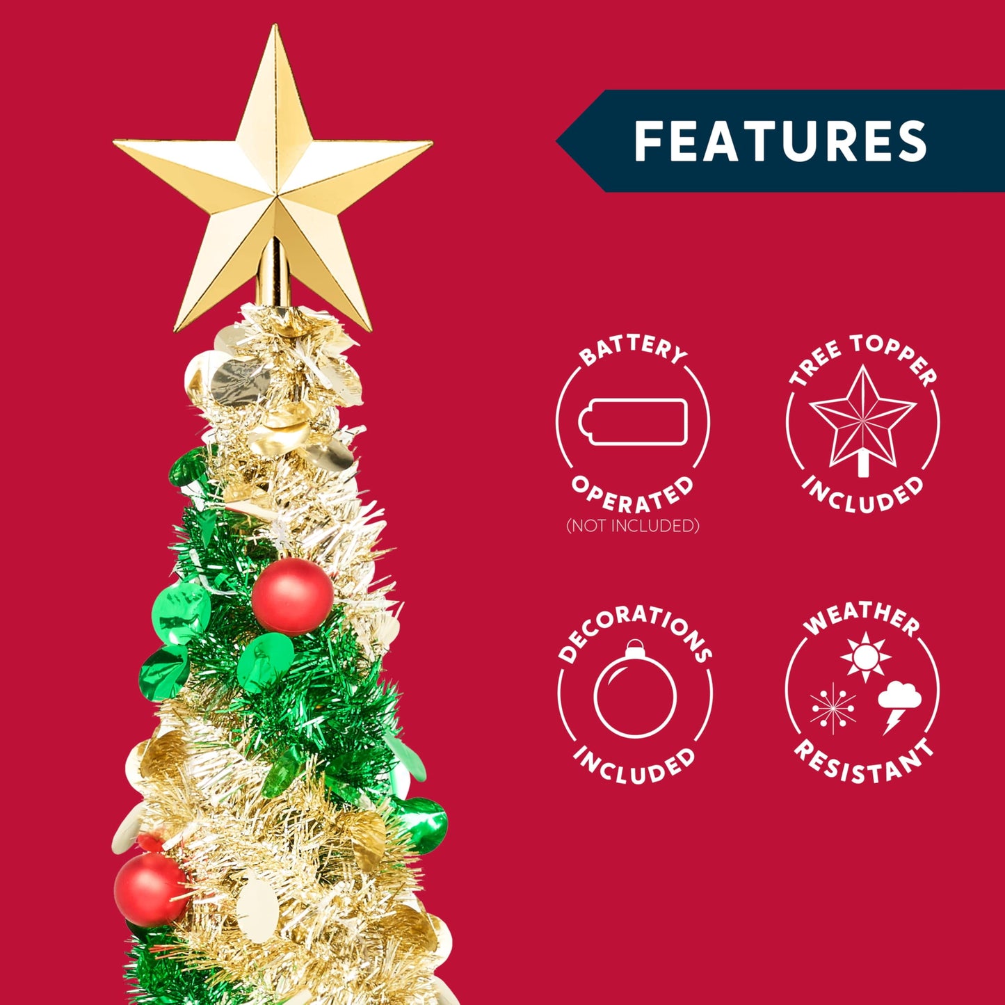 5ft Pop up Christmas Tree,Artificial Pencil Tinsel Xmas Trees with Lights and Ornaments,Collapsible Christmas Tree with Timer for Xmas Decorations Indoor Outdoor Holiday Party