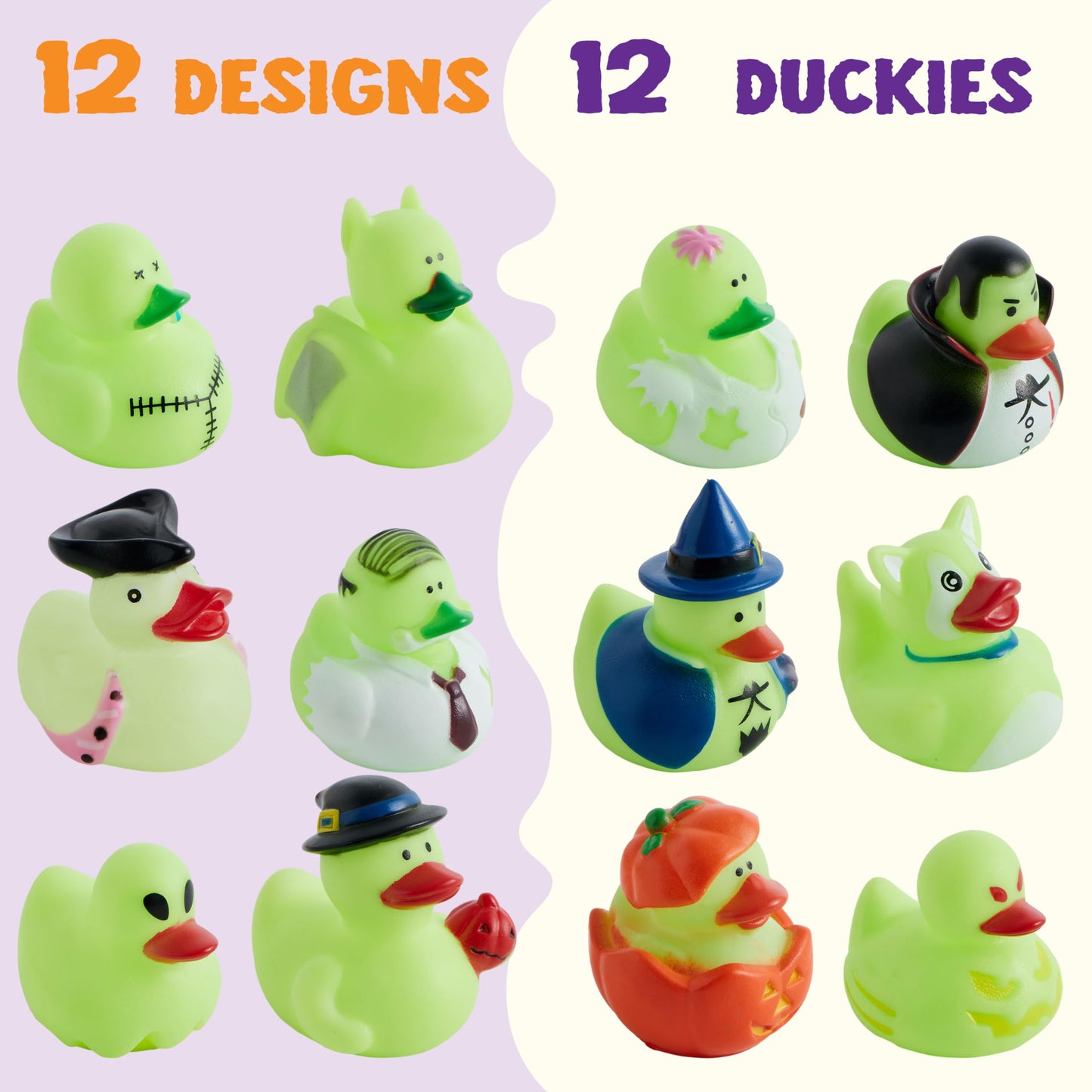SYNCFUN 12 Pcs Halloween Rubber Ducks,Halloween Toys Glow-in-The-Dark Rubber Ducks in Bulk for Baby Toddlers Kids,Halloween Bath Toy Basket Prizes,Halloween Toys for Trick or Treaters