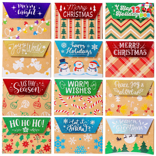 Joyfy 12 Pcs Gift Card Boxes Holder for Christmas, Brown Kraft Paper Envelope Boxes for Presents Wrapping, 12 Design Xmas Holiday Birthday Decor, Party Favor Money Cash Holder