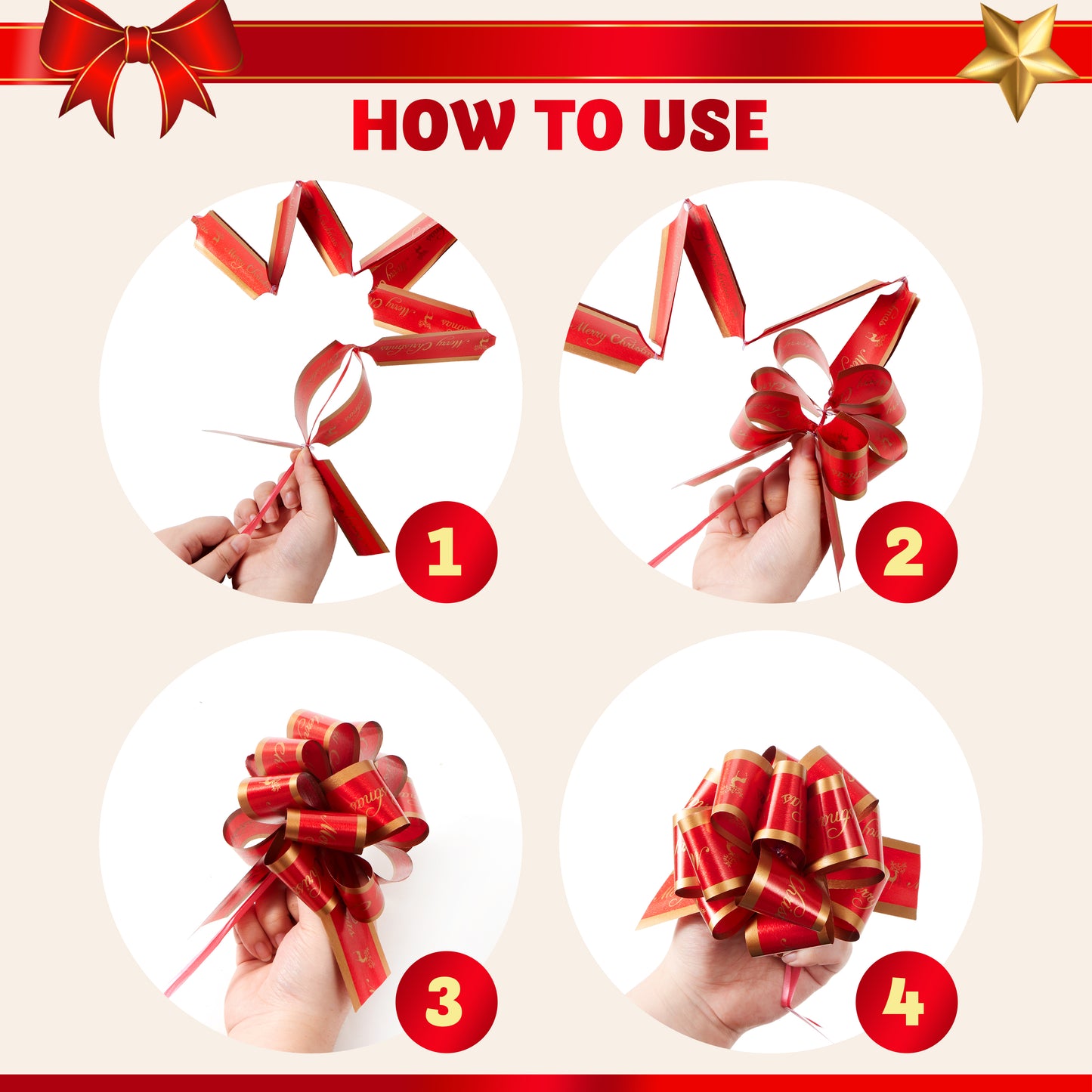 Joyfy 24 Pcs Christmas Pull Bows Present Wrap Ribbon(4.7" Wide), Easy and Fast Gift Wrapping Accessory for presents, Bows, Baskets, Wine Bottles Decoration, Gift Wrapping and Decoration Present