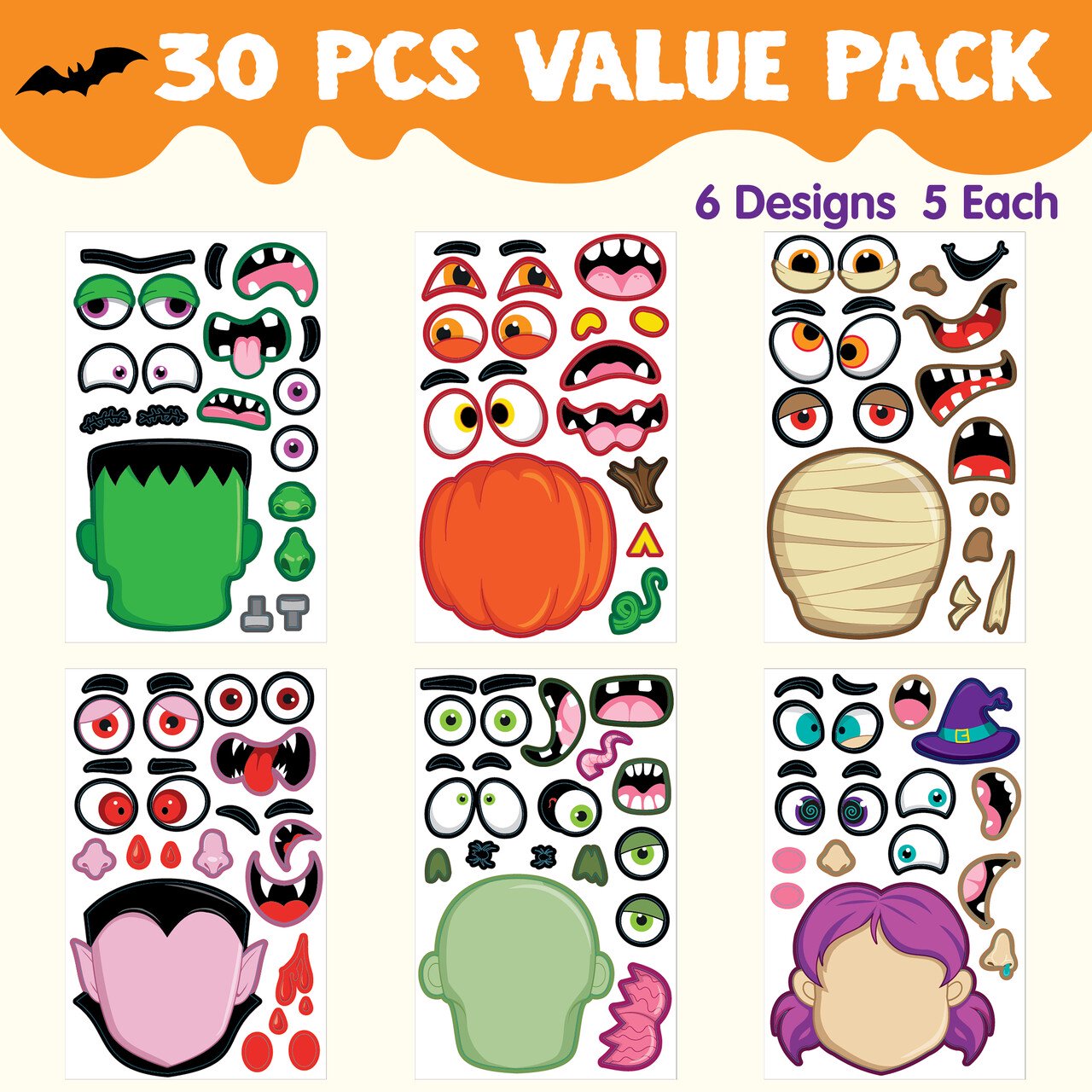Joyfy 30 Pcs Halloween Stickers Make a Face Halloween Characters Stickers for Kids,Pumpkin Decorations Stickers Fall Stickers Party Favors for Kids,Halloween Craft