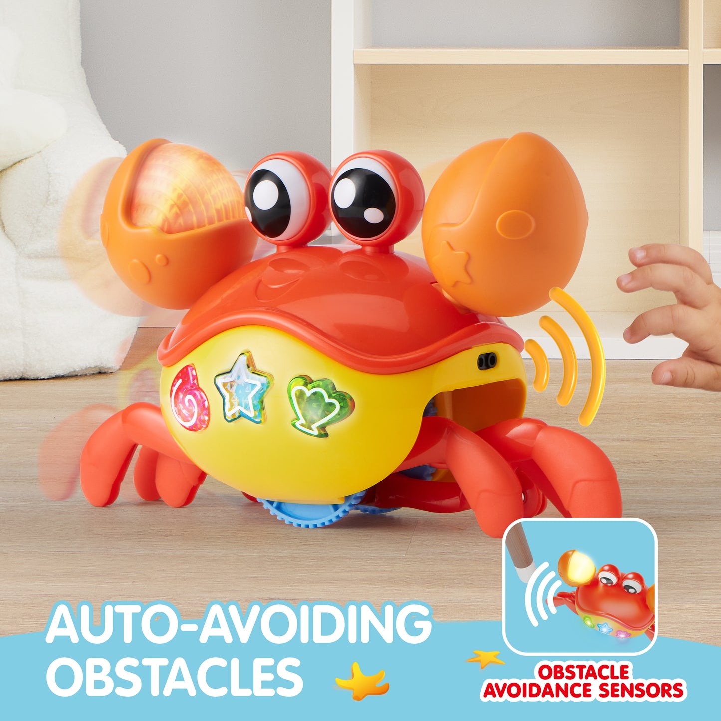 Joyfy Crawling Crab Baby Toy - Tummy Time Toy for Boys Girls, Interactive Big Crab Toy with Lights Buttons, Dancing Crab Auto-Avoiding Obstacles, Gift for Toddlers