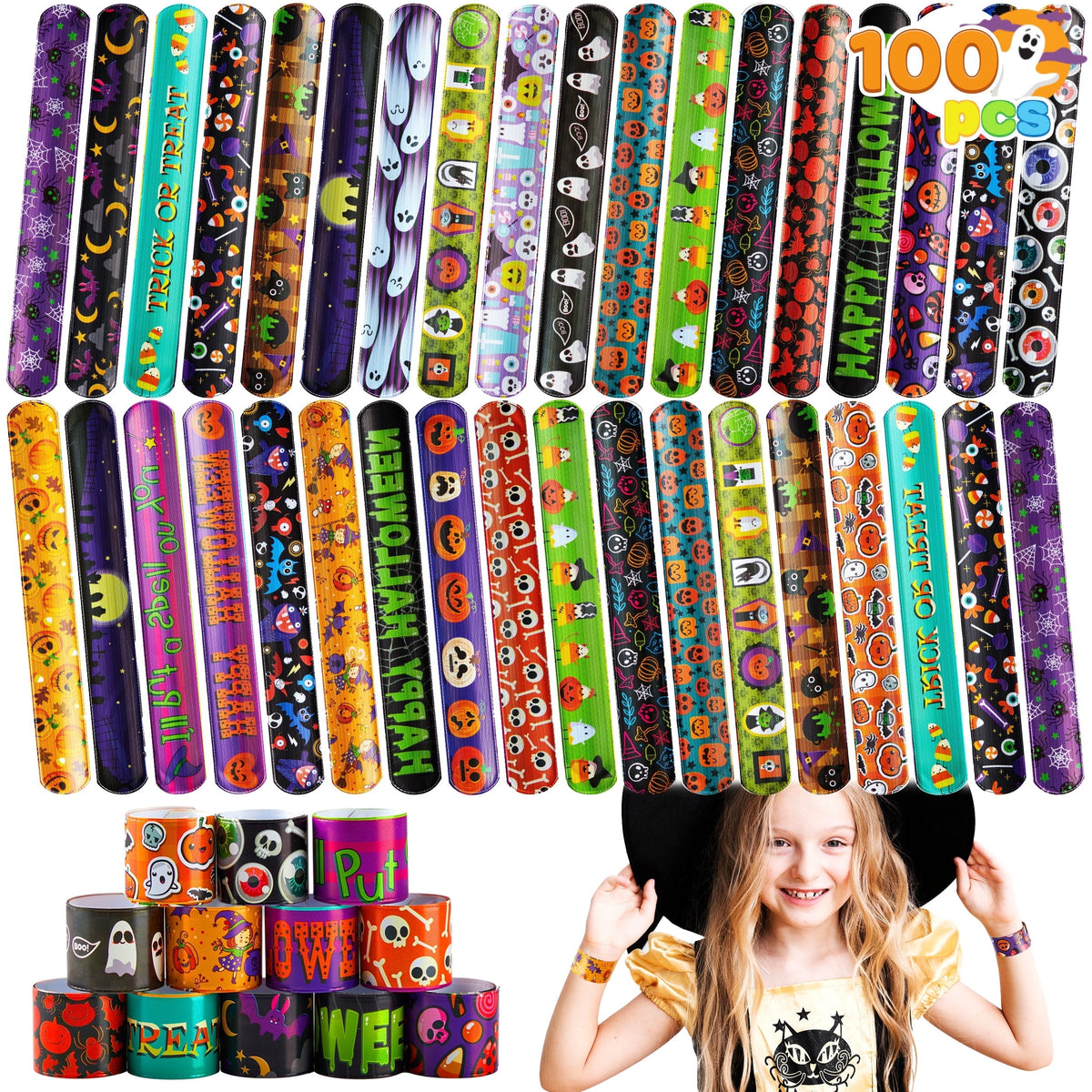 Joyfy 100 Pcs Halloween Slap Bracelets for Kids,Halloween Toys Bulk with Spider,Pumpkins,Animal Print for Prizes Gift Trick or Treat Party Favors,Halloween Crafts for Kids,Classroom Favors