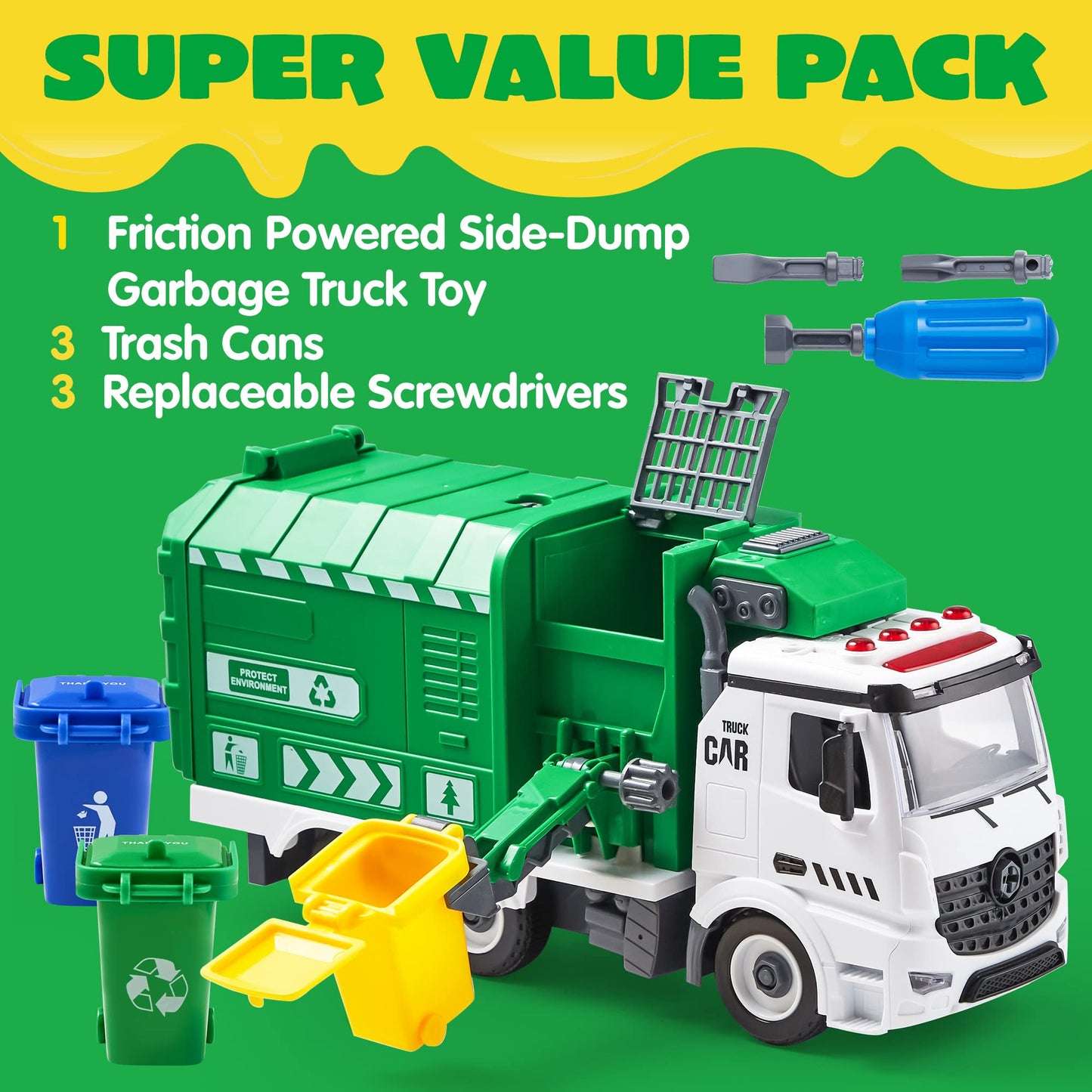 JOYIN Recycling Garbage Truck Toy for Boys, Assembly Friction Powered Side-Dump Garbage Toy with Light and Sounds. Play Car Vehicles for Kids Toddlers