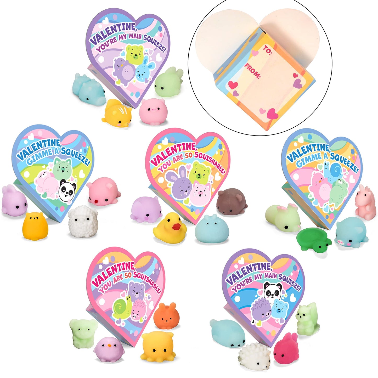 56 pcs (28 Valentines Day Cards with 28 Mochi Squishy Toys) for Kids, Fidget Mini s with Heart Boxes School Class, Valentines Day Gifts Set Exchange Prizes