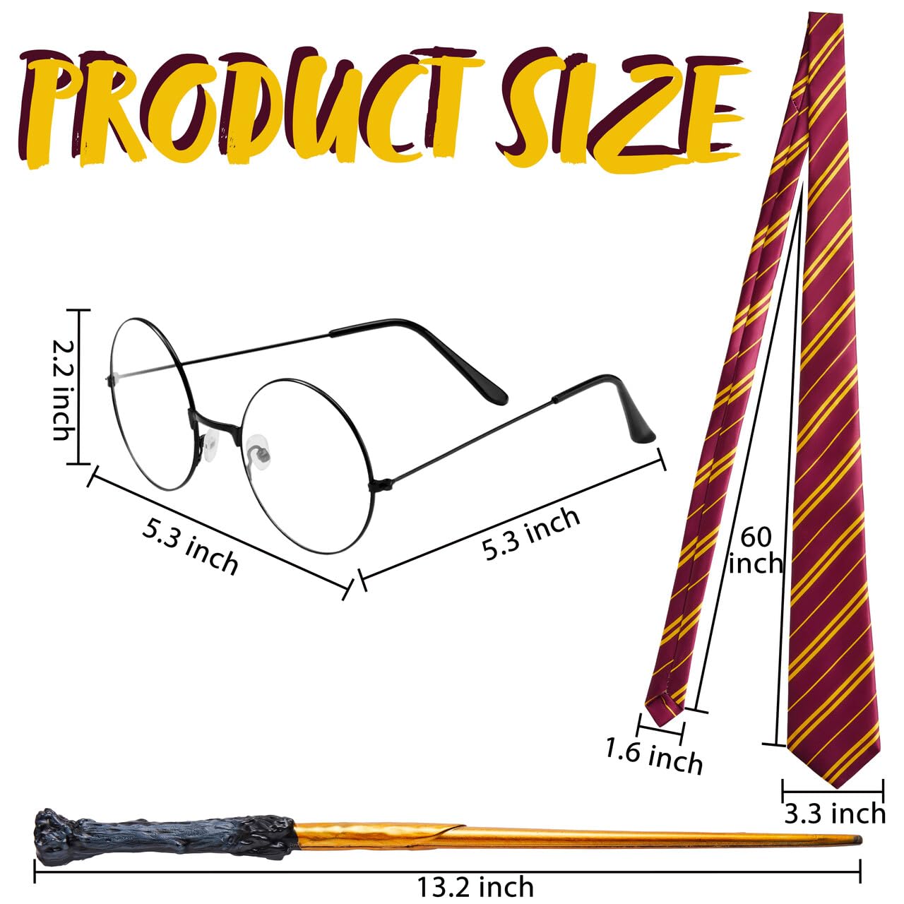 Syncfun 3 Pcs Halloween Wizard Costume Accessories Set with Glasses Tie Wand,Cosplay Accessories for Kids and Adults Dress Up