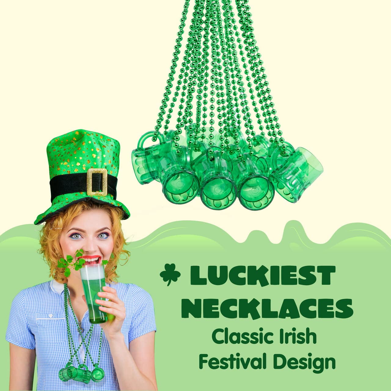 12 pieces of St. Patrick's Green Cup Bead Necklace, suitable for children, women, and men