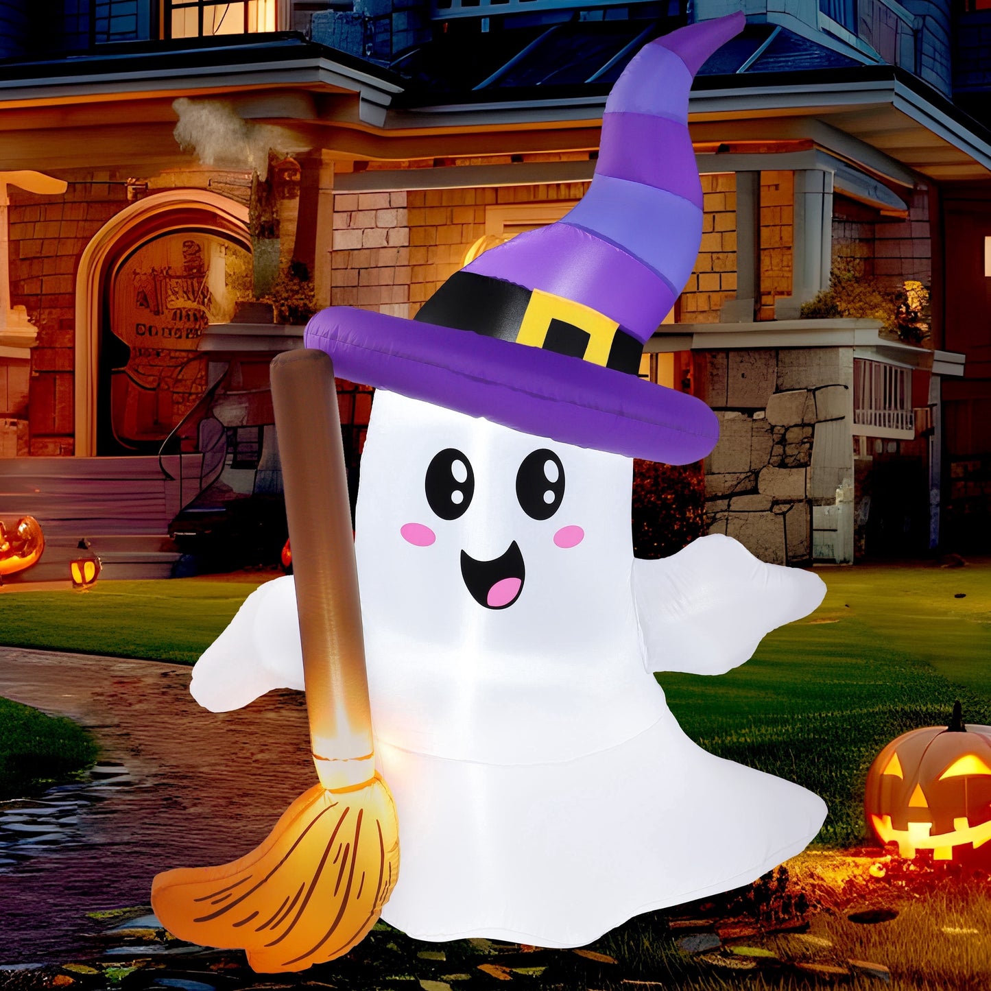 Joyfy 6ft Halloween Inflatables Light up Cute Ghosts with Witch Hat,Halloween Decorations Outdoor,Blow up Halloween Yard Decorations