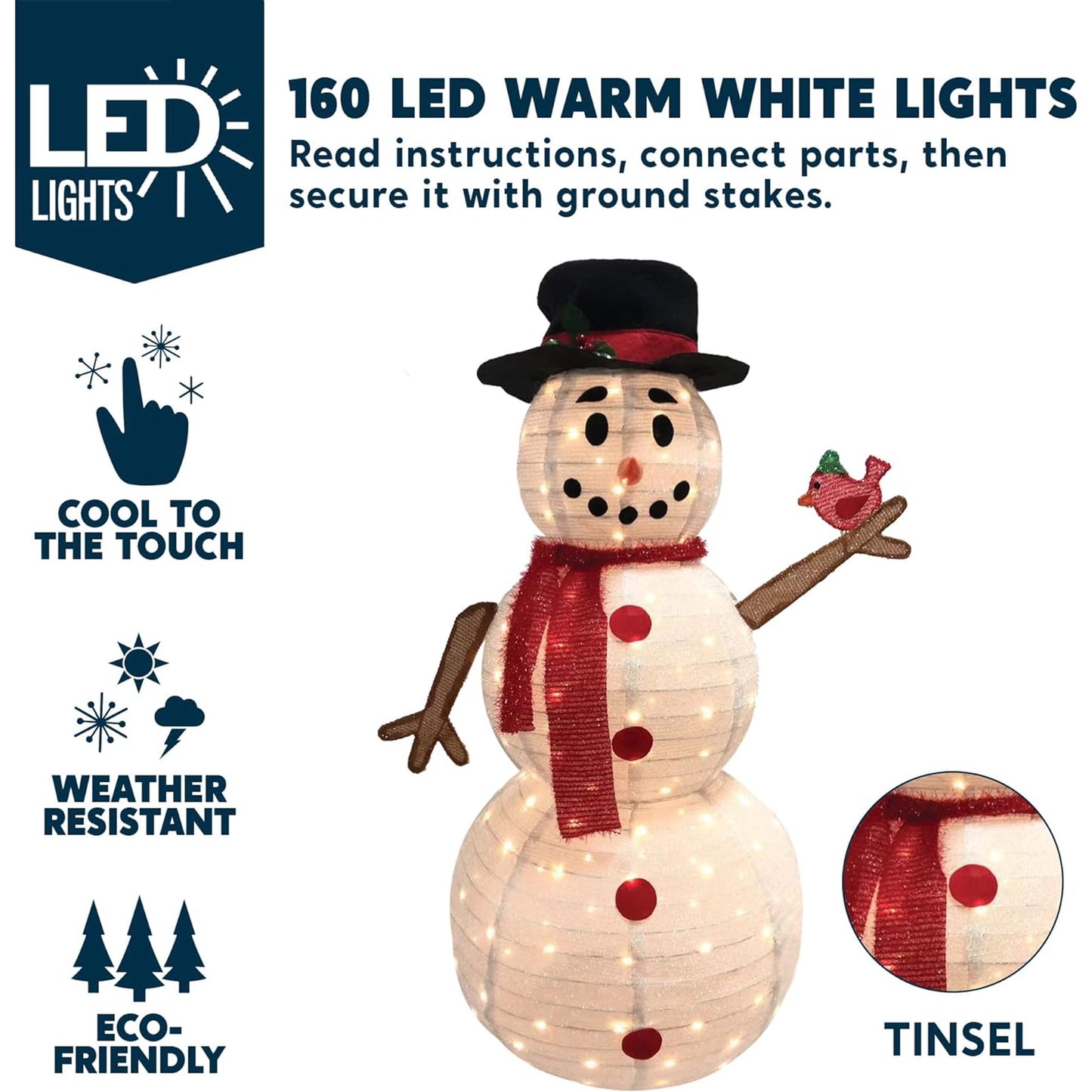 SYNCFUN Snowman Yard Light Christmas Outdoor Decorations,160 LED Collapsible Snowman Christmas Decorations,Christmas Yard Light with Stakes Holiday Decor,Snowman with Bird