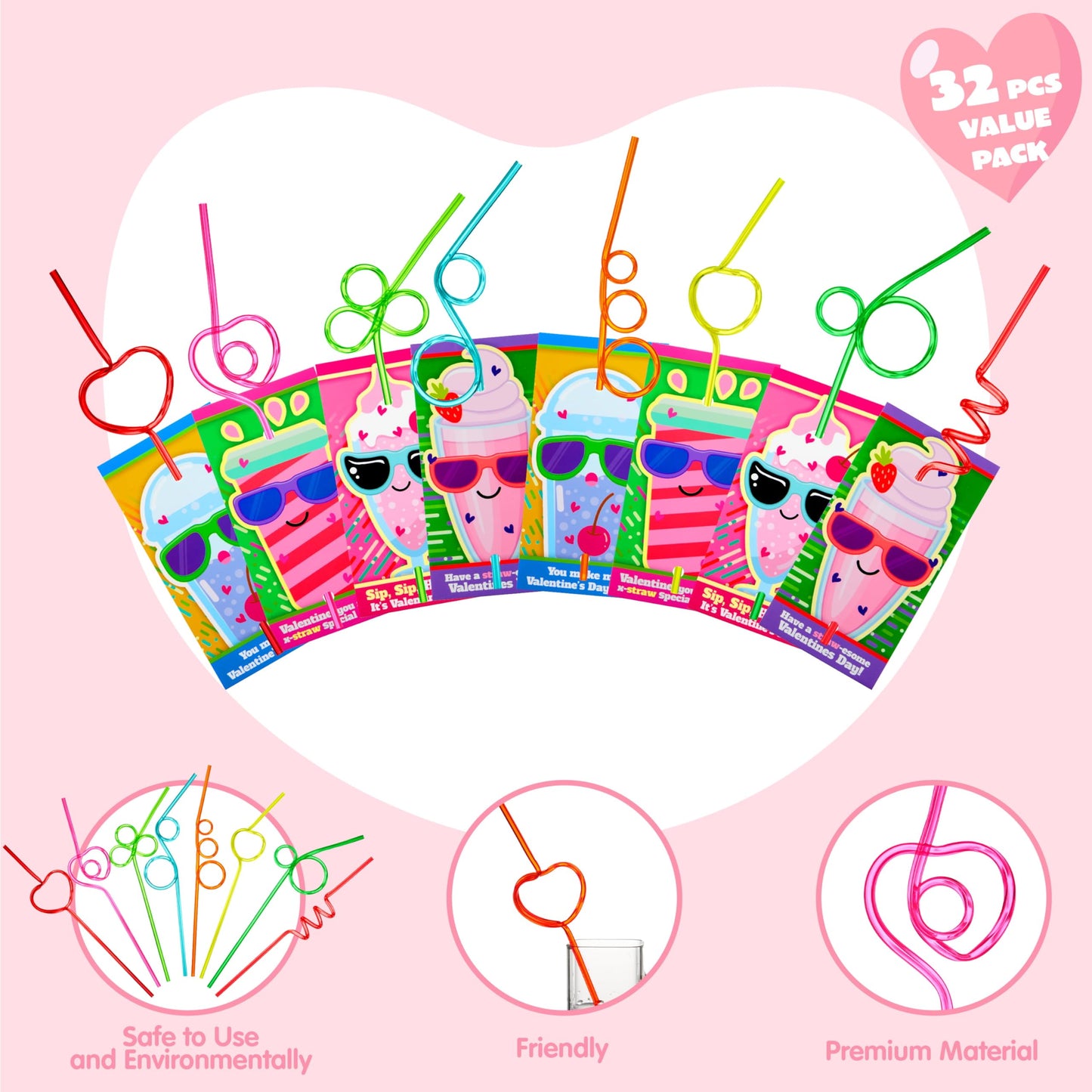 32 Packs Valentines Day Cards with Colorful Crazy Loop Reusable Drinking Straws for Kids, Valentines School Class Exchange Cards for Girls Boys, Valentines Party Favors