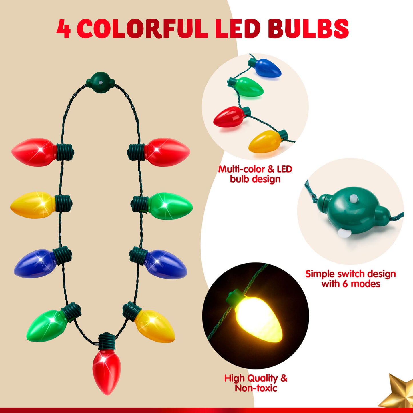 SYNCFUN 9 Pcs Christmas LED Light up Bulb Necklaces 9 Bulbs LED Necklaces Holiday Costume Accessories for Christmas Xmas Party Favor Party Supplies