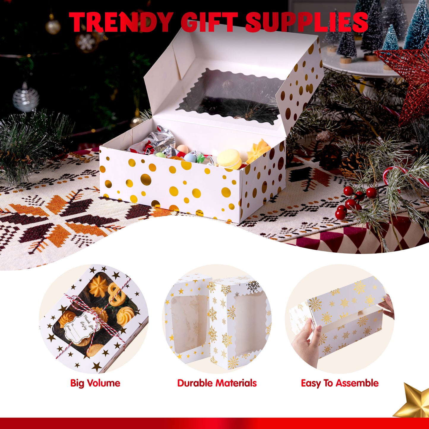 Joyfy 24 Pcs Christmas Cookie Boxes, Gold Foil Treat Boxes with Windows 9" x 6.2" x 3" Bakery Gift Wrapping Box for Xmas Holiday Party Favor Pastries, Cupcakes, Cookies, Donuts Gift-Giving
