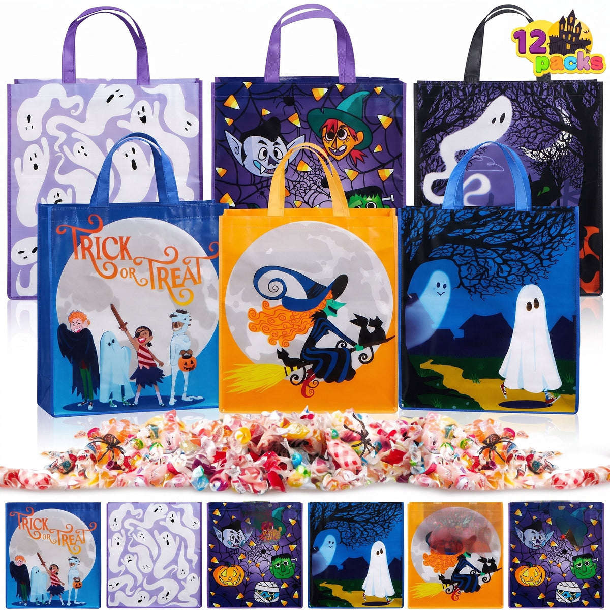 Joyfy 12 PCS Halloween Large Treat Tote Bags, Goodie Baggies for Kids Trick or Treating, School Classroom Gifts, Party Favor Supplies in 6 Designs(17¡± x 15¡±)
