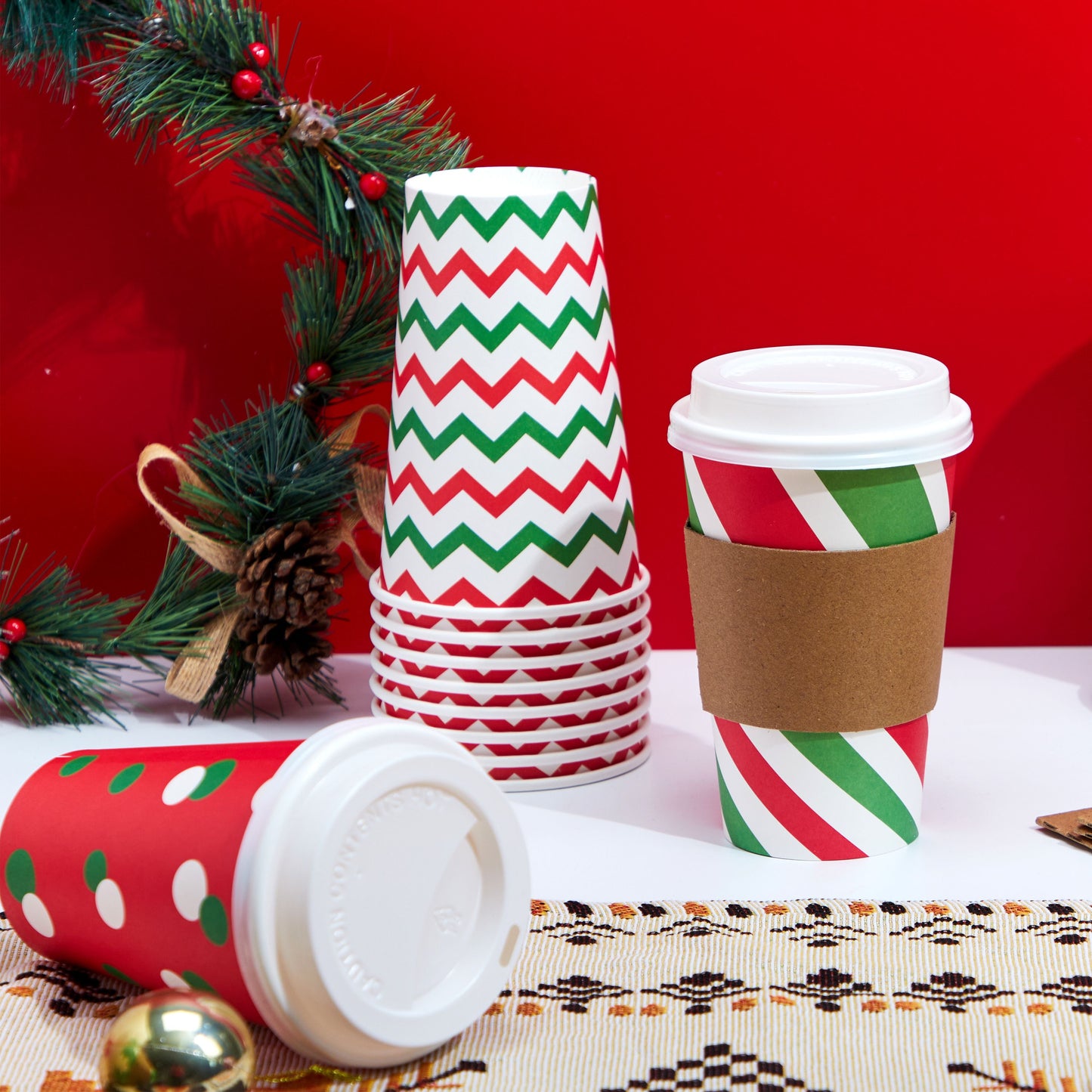 Joyfy 72 Pcs Christmas Disposable Paper Cups, 16 oz Xmas Dinnerware Cups With Cup Sleeves and Lids, 6 Designs Hot/Cold Beverages Tableware for Holiday Party Supplies