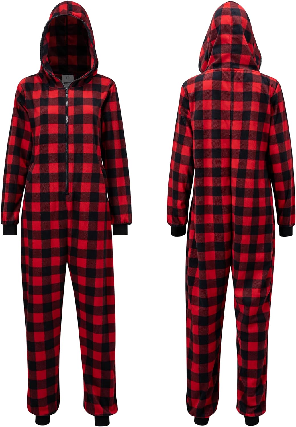 SYNCFUN Women's Christmas Pajamas, Adult Fleece Plaid Hooded Full Zip One-Piece Pajamas Women, Women's Holiday Pajamas