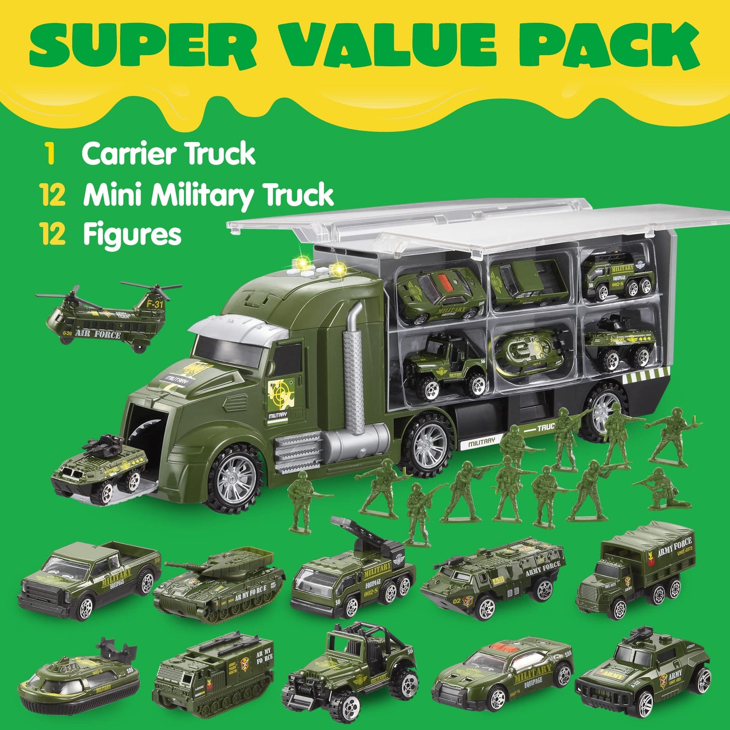 SYNCFUN 25 in 1 Die-cast Military Army Play Vehicle Set, Vehicles with Sounds and Lights in Carrier Truck, Push and Go Car Toy, Kids Birthday Gifts for 3 4 5 6 Years Old Boys