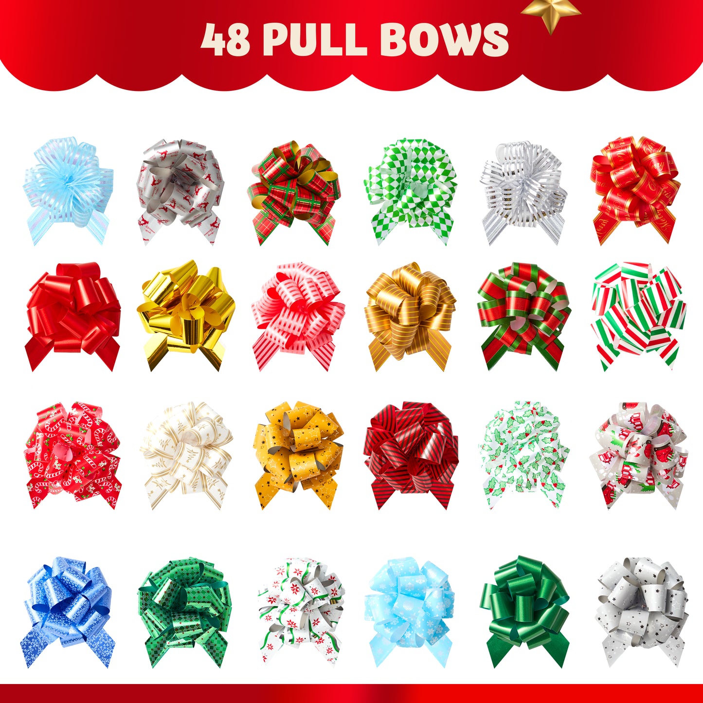 Joyfy 48 Pcs Christmas Pull Bows with Ribbon 4.7” Wide Gift Wrapping Accessory for Presents, Bows, Baskets, Wine Bottles Decoration, Gift Wrapping and Decoration Present