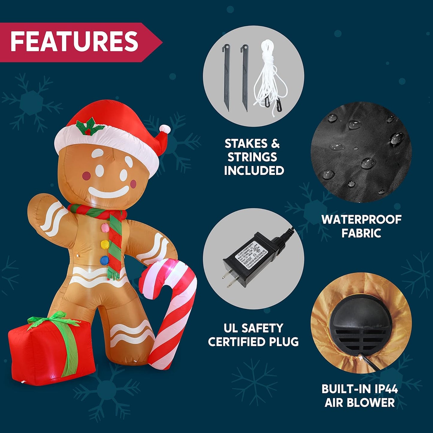 Joyfy 8 FT Christmas Inflatables Gingerbread Man Outdoor Decorations,Gingerbread Man with Candy Cane Blow Ups Yard with Built-in LEDs for Holiday Party Garden Lawn Decor