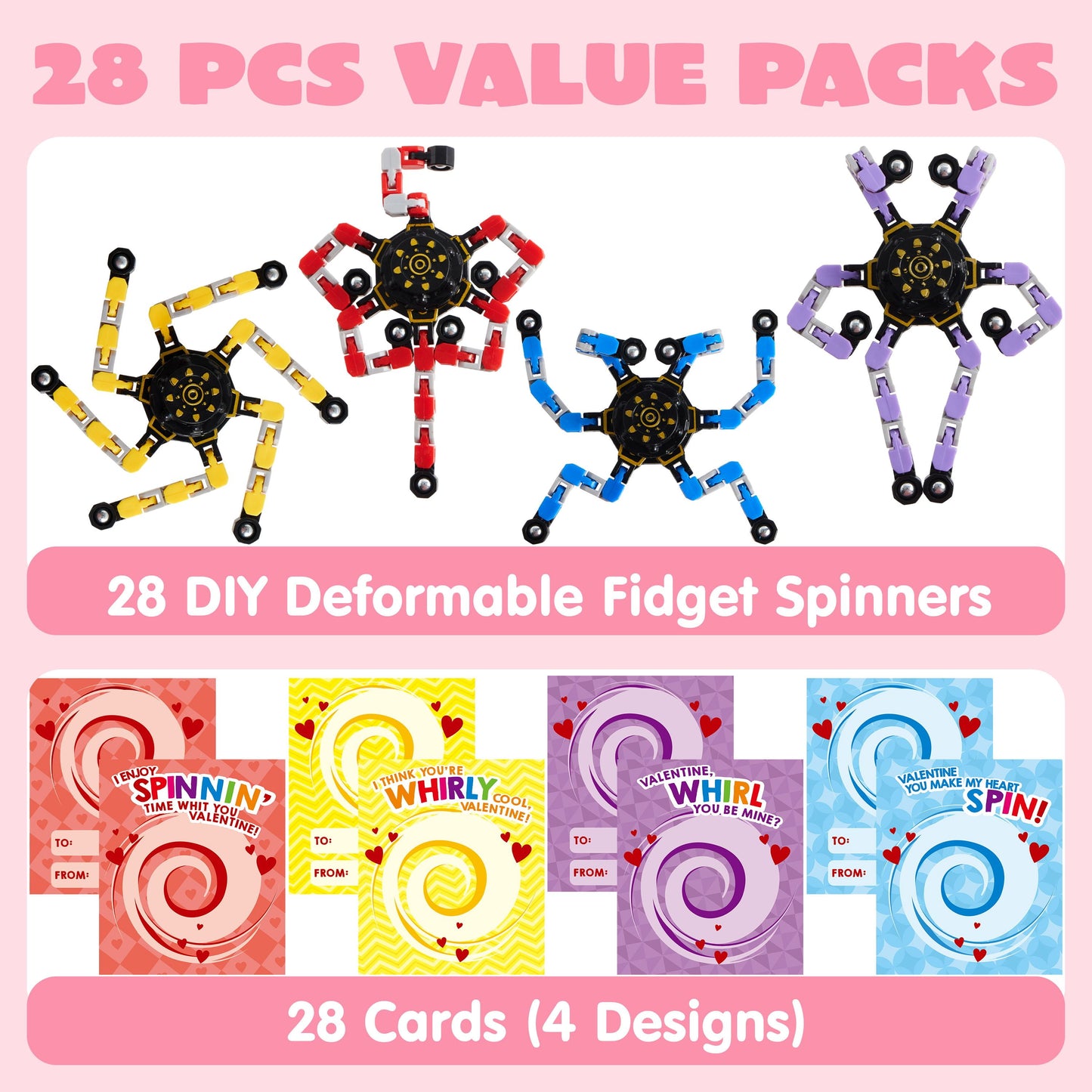 28 Packs Valentine’s Day 3-Design Gift Cards with Fidget Spinners, DIY Chain Robot Fingertip Toys, Deformable Stress Relief Toys for Kids Valentine’s Party Favor, School Exchange, Game Prizes