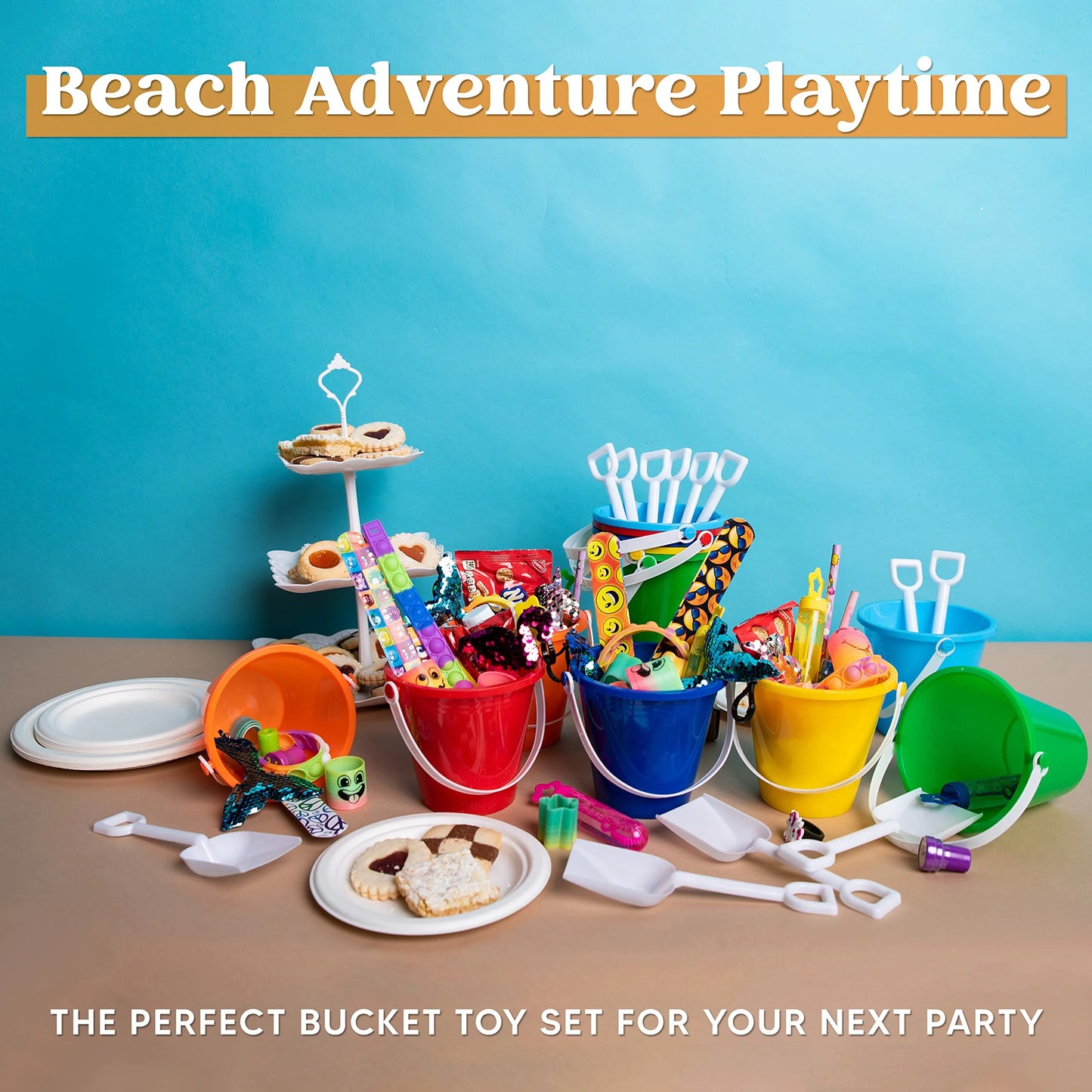 Joyfy 12 Packs Sand Buckets with Shovels, Plastic Buckets with Handles, Beach Pails Toys for Kids