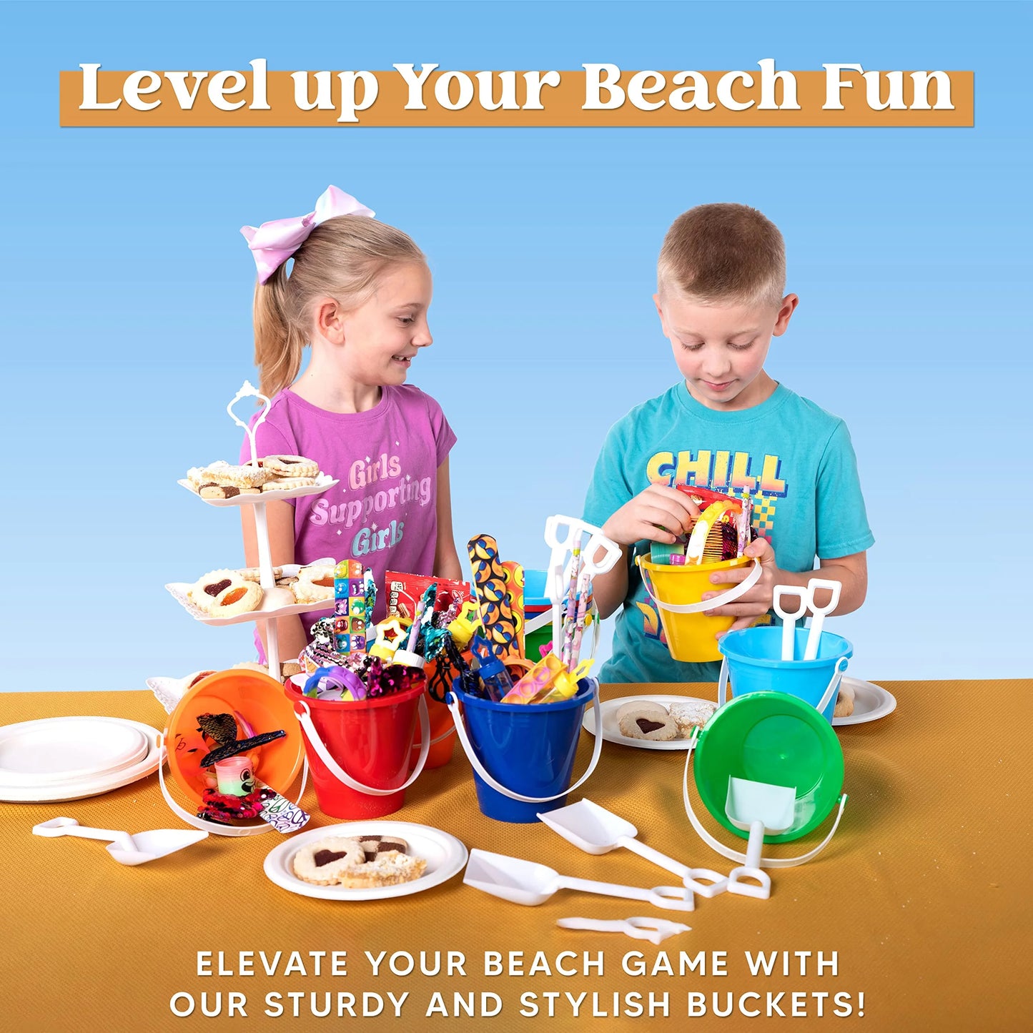 Joyfy 12 Packs Sand Buckets with Shovels, Plastic Buckets with Handles, Beach Pails Toys for Kids
