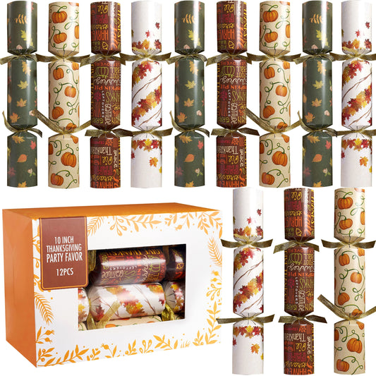 Joyfy 12 Pcs Thanksgiving Crackers Party Table Favor, No Snap Fall Leaves&Pumpkins Design, with Party Hat Joke & Little Gift for Xmas Holiday Dinner Traditions