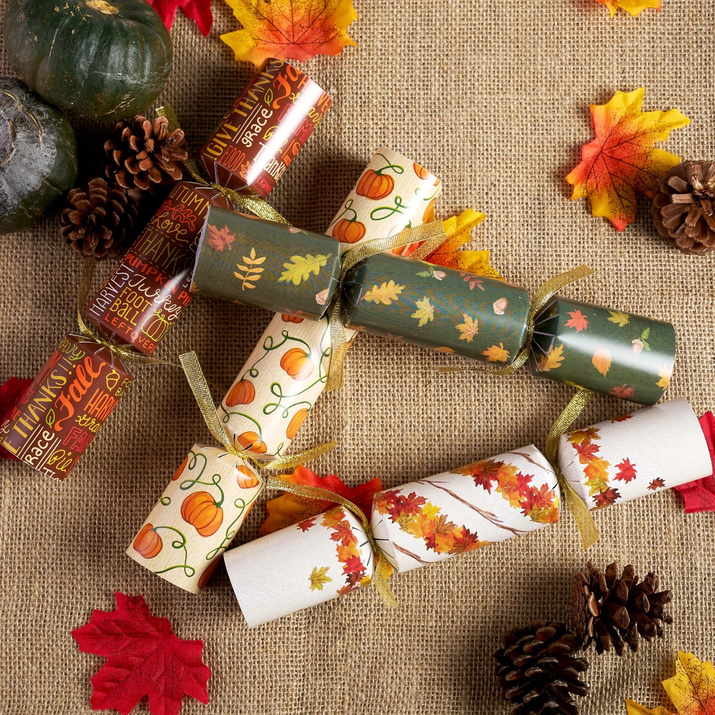 Joyfy 12 Pcs Thanksgiving Crackers Party Table Favor, No Snap Fall Leaves&Pumpkins Design, with Party Hat Joke & Little Gift for Xmas Holiday Dinner Traditions