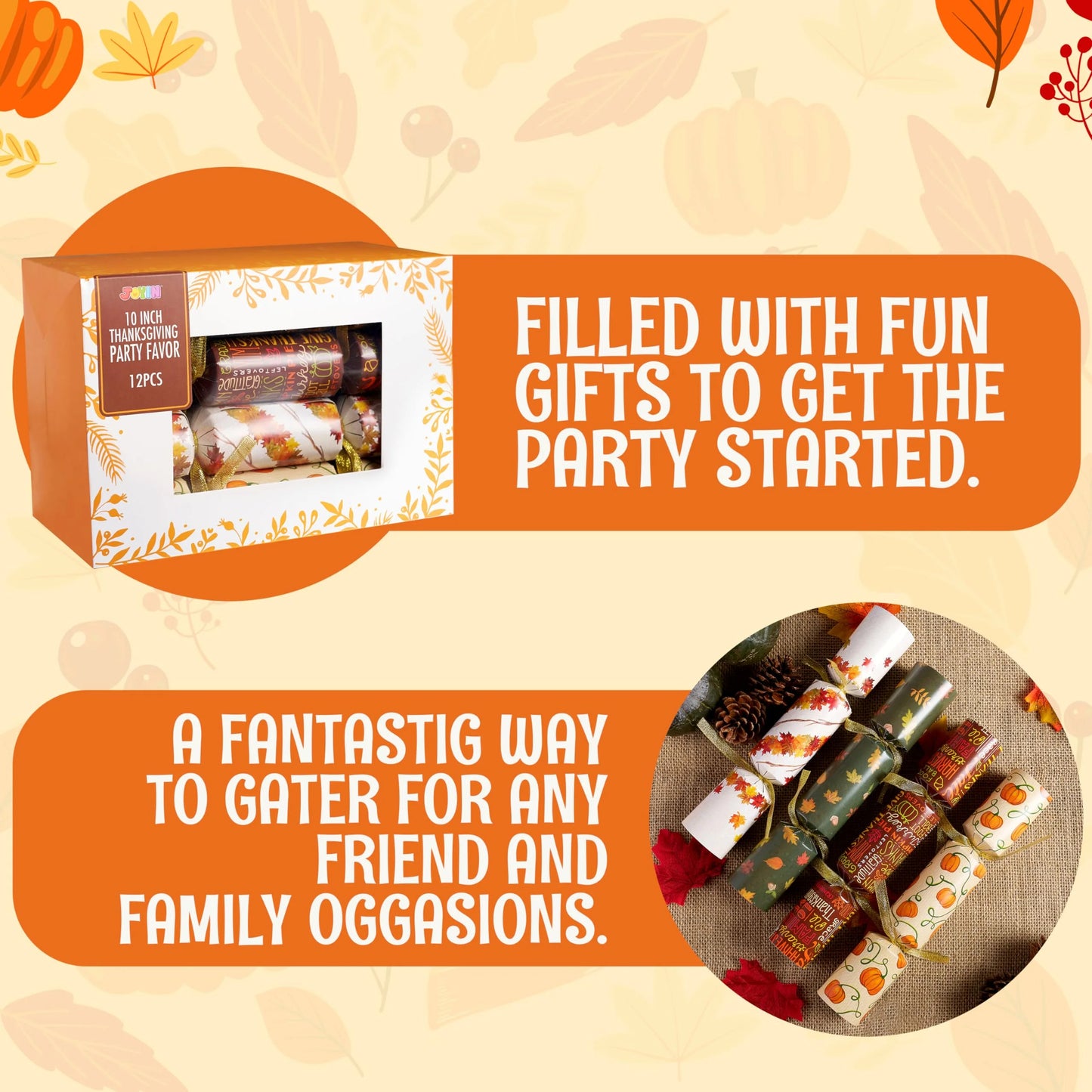 Joyfy 12 Pcs Thanksgiving Crackers Party Table Favor, No Snap Fall Leaves&Pumpkins Design, with Party Hat Joke & Little Gift for Xmas Holiday Dinner Traditions