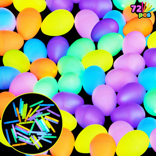 72 Piece Easter Eggs with Mini Glow Sticks for Kids Glow in the Dark, Easter Basket Filler Gifts, Easter Themed Hunting Game Party Favors Decoration Supplies, Classroom Prizes.