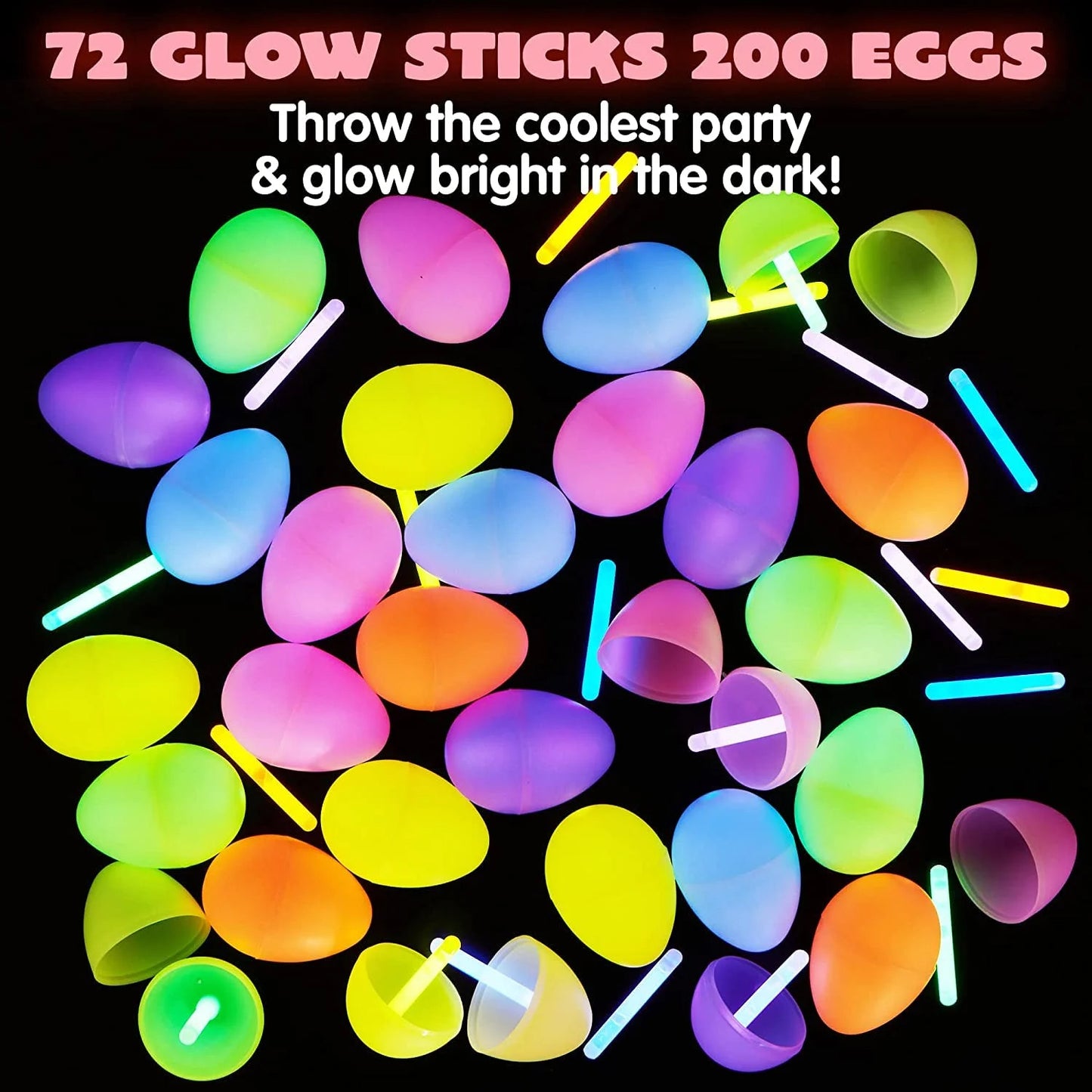 72 Piece Easter Eggs with Mini Glow Sticks for Kids Glow in the Dark, Easter Basket Filler Gifts, Easter Themed Hunting Game Party Favors Decoration Supplies, Classroom Prizes.