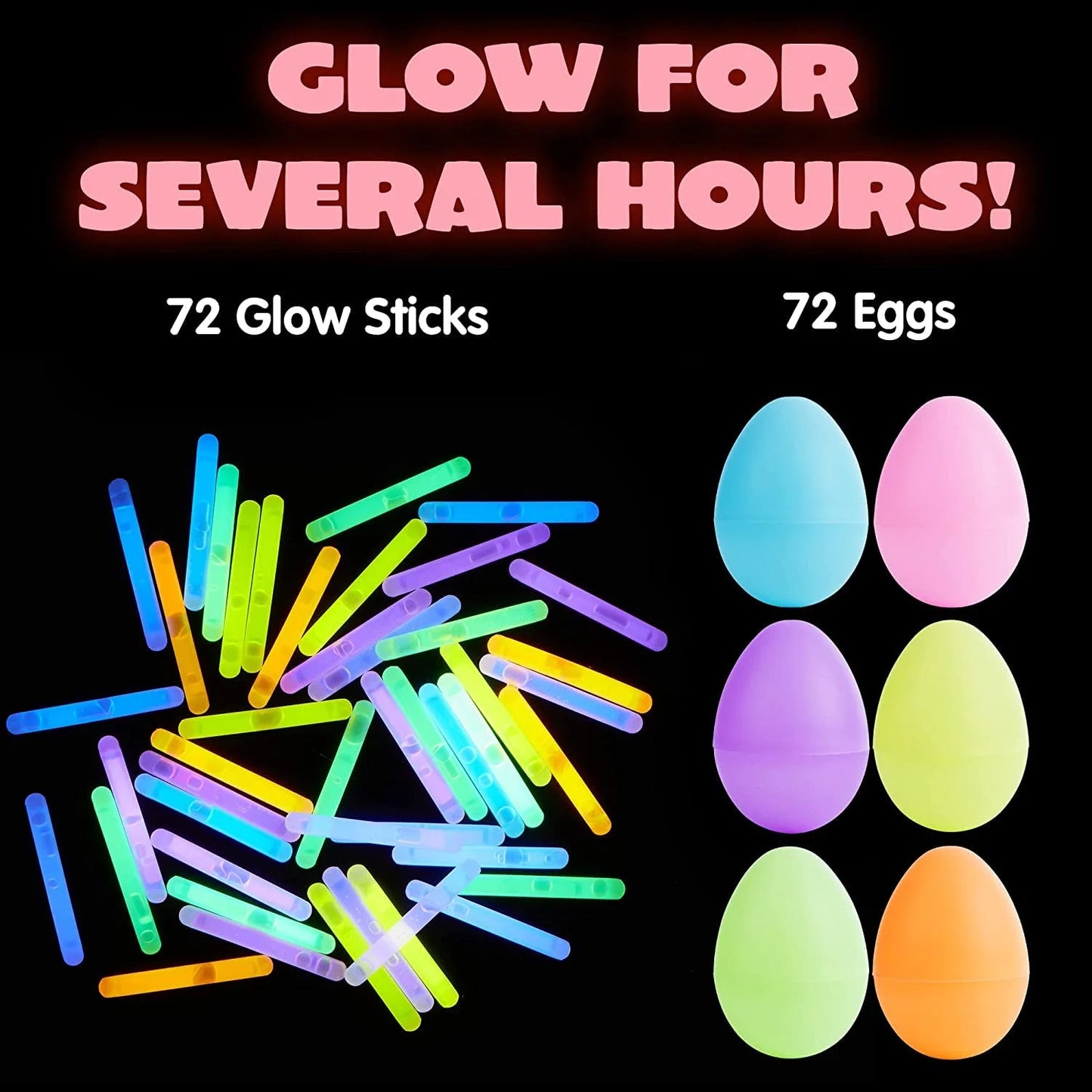 72 Piece Easter Eggs with Mini Glow Sticks for Kids Glow in the Dark, Easter Basket Filler Gifts, Easter Themed Hunting Game Party Favors Decoration Supplies, Classroom Prizes.