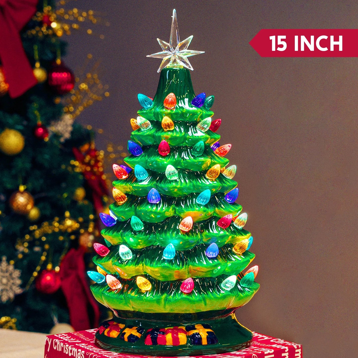Joyfy 15 Inch Ceramic Christmas Tree,Prelit Ceramic Christmas Tree with 70 Multicolor Lights,Table Top Christmas Tree Decorations,Holiday Tree