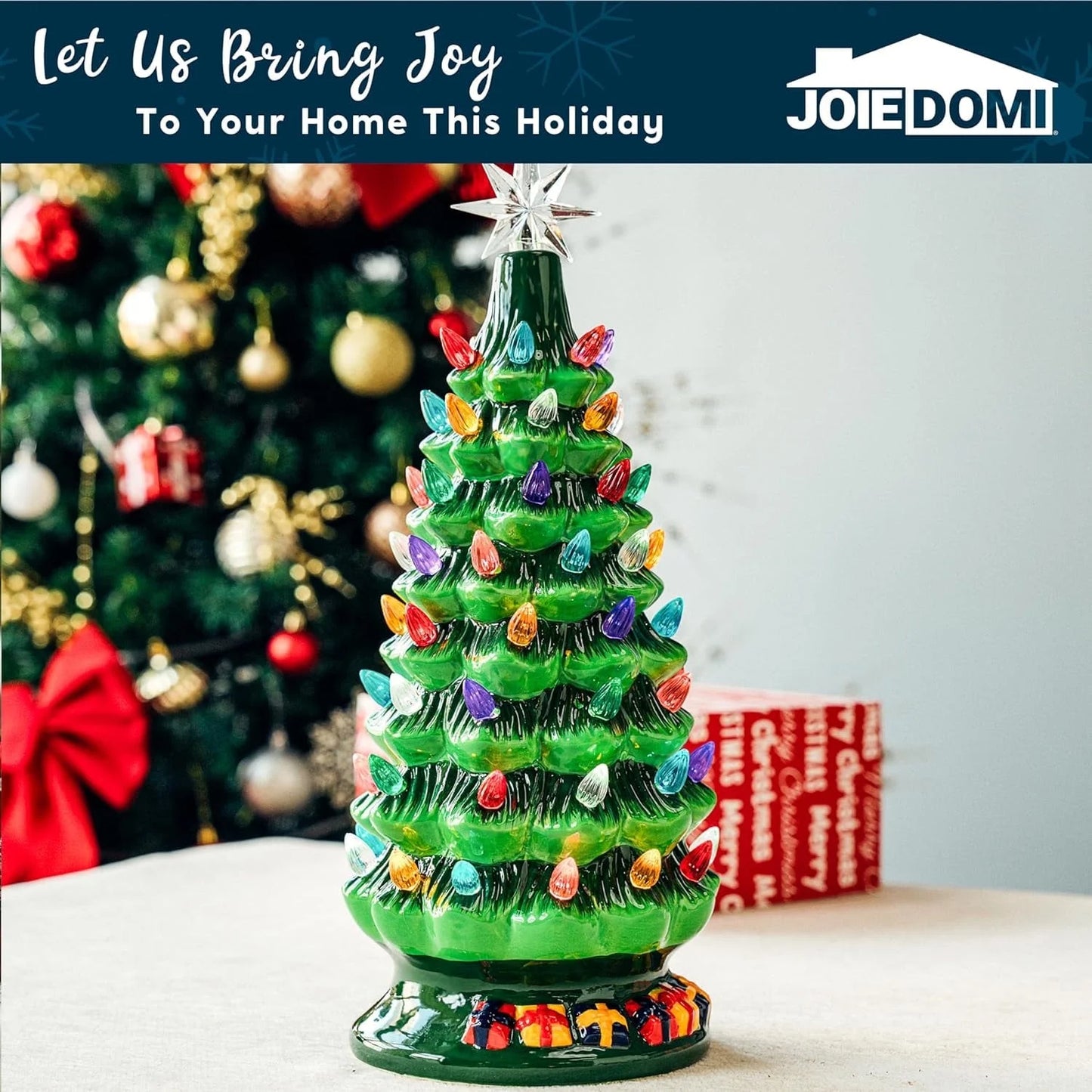 Joyfy 15 Inch Ceramic Christmas Tree,Prelit Ceramic Christmas Tree with 70 Multicolor Lights,Table Top Christmas Tree Decorations,Holiday Tree