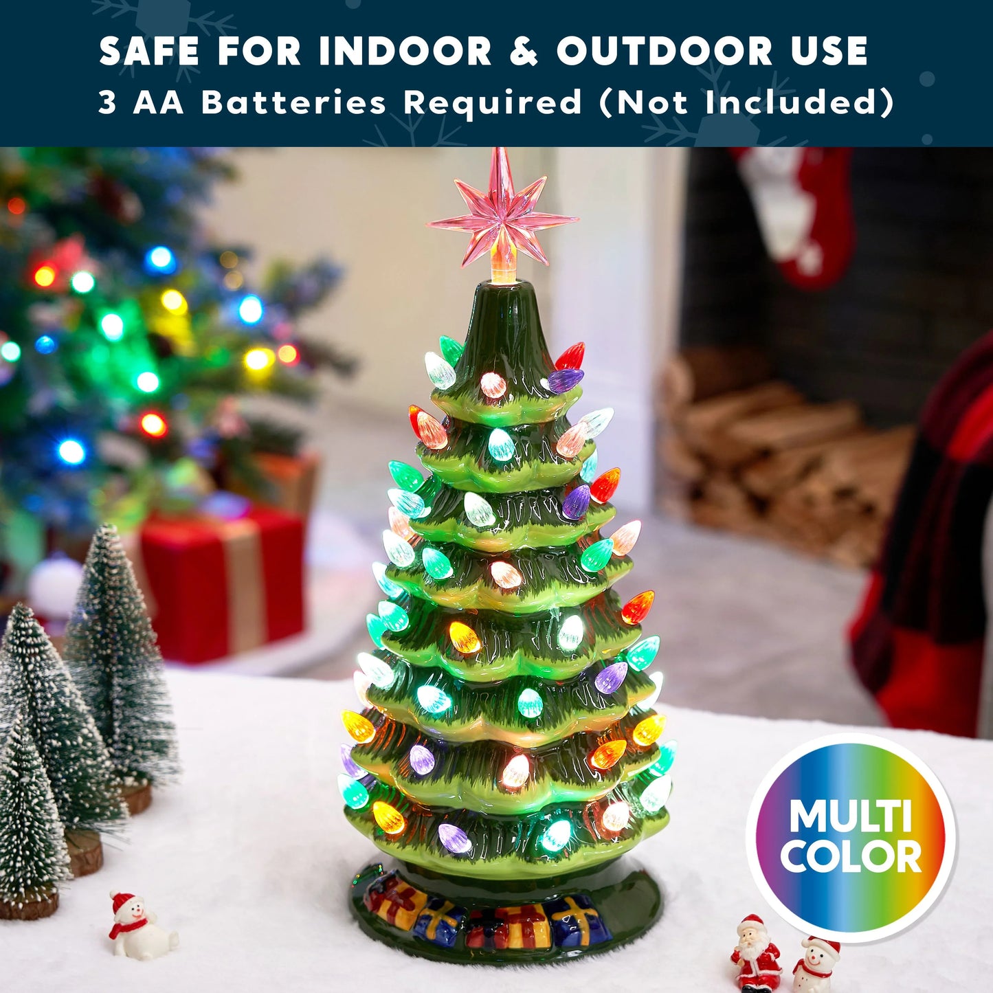 Joyfy 15 Inch Ceramic Christmas Tree,Prelit Ceramic Christmas Tree with 70 Multicolor Lights,Table Top Christmas Tree Decorations,Holiday Tree