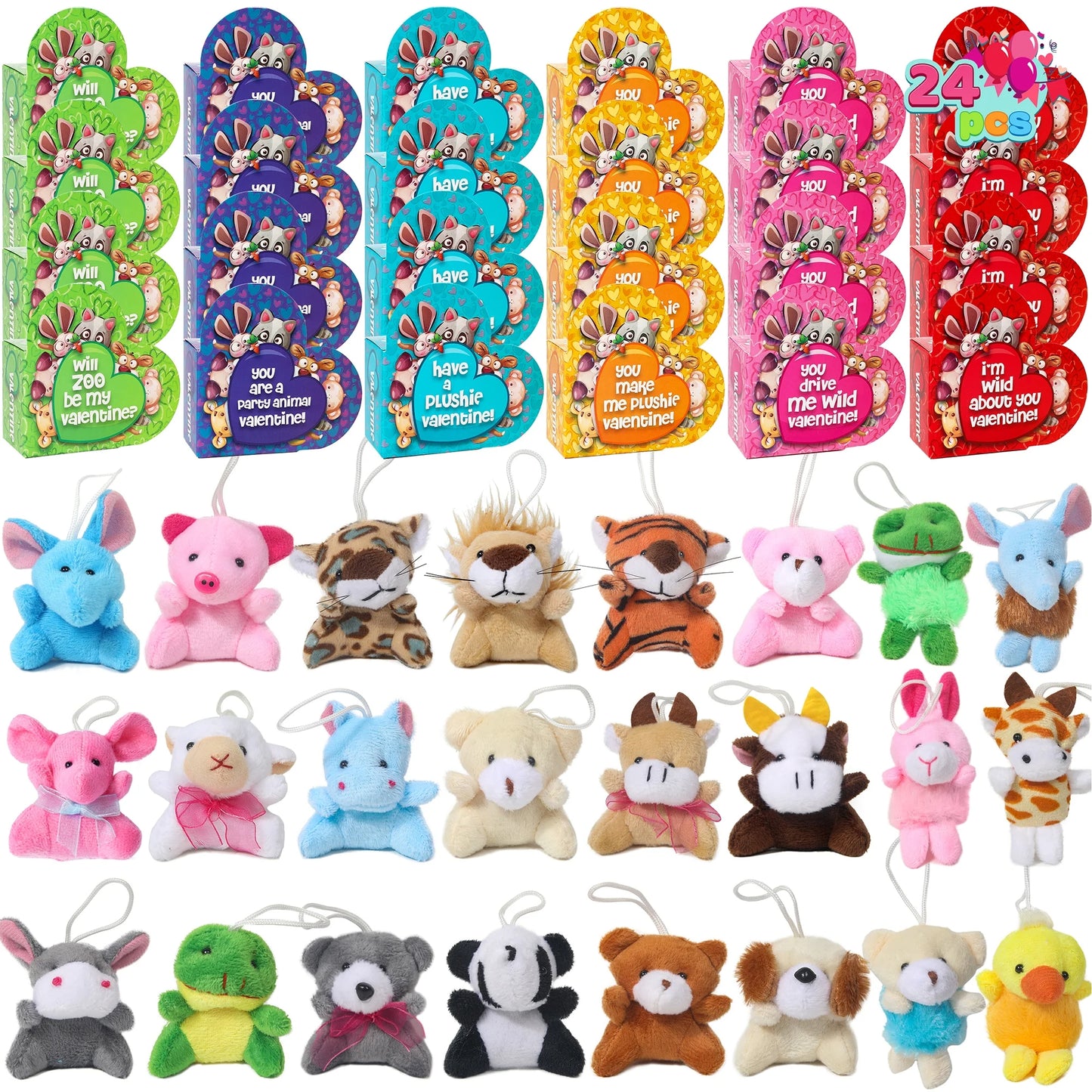 24 Packs Valentines Day Animal Plush Toy Party Favors Filled with Heart Boxes for Kids, KeyChain Plush Fidget Toy for Valentine's Classroom Gift Exchange, Party Game Prizes School Rewards