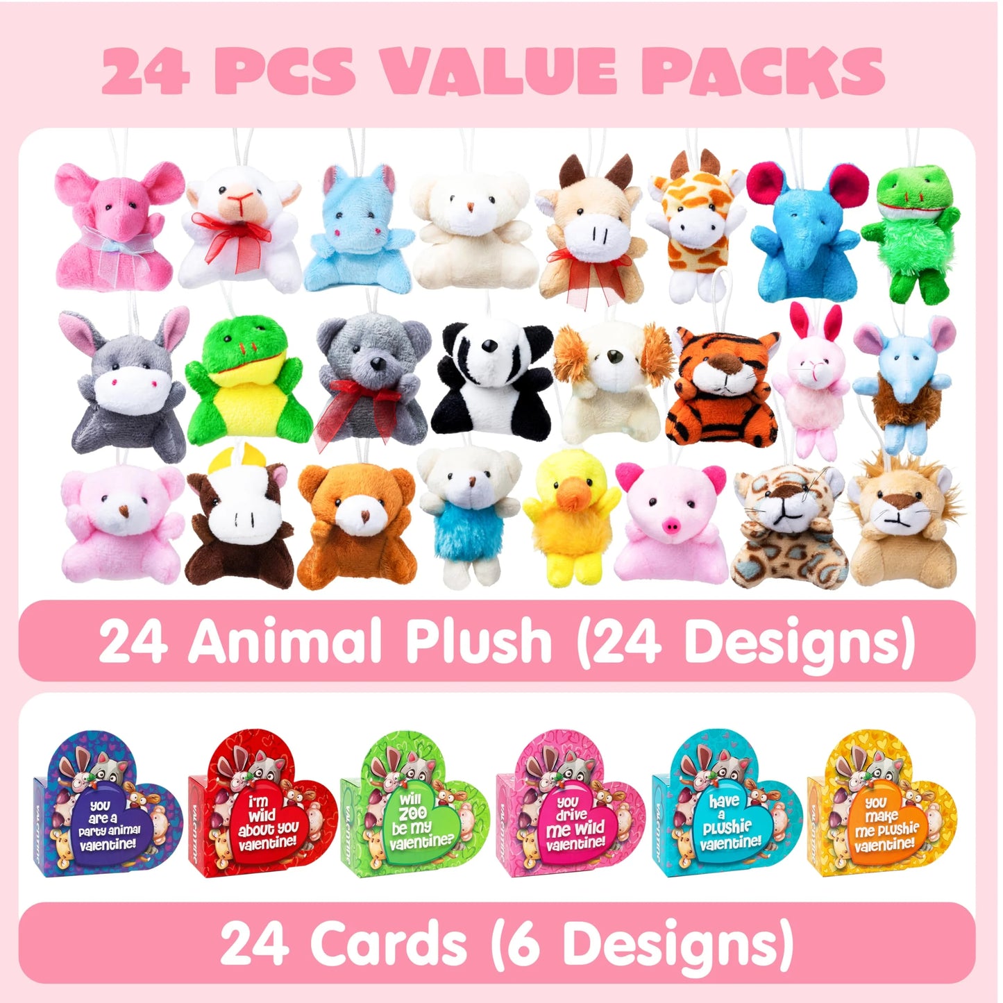 24 Packs Valentines Day Animal Plush Toy Party Favors Filled with Heart Boxes for Kids, KeyChain Plush Fidget Toy for Valentine's Classroom Gift Exchange, Party Game Prizes School Rewards